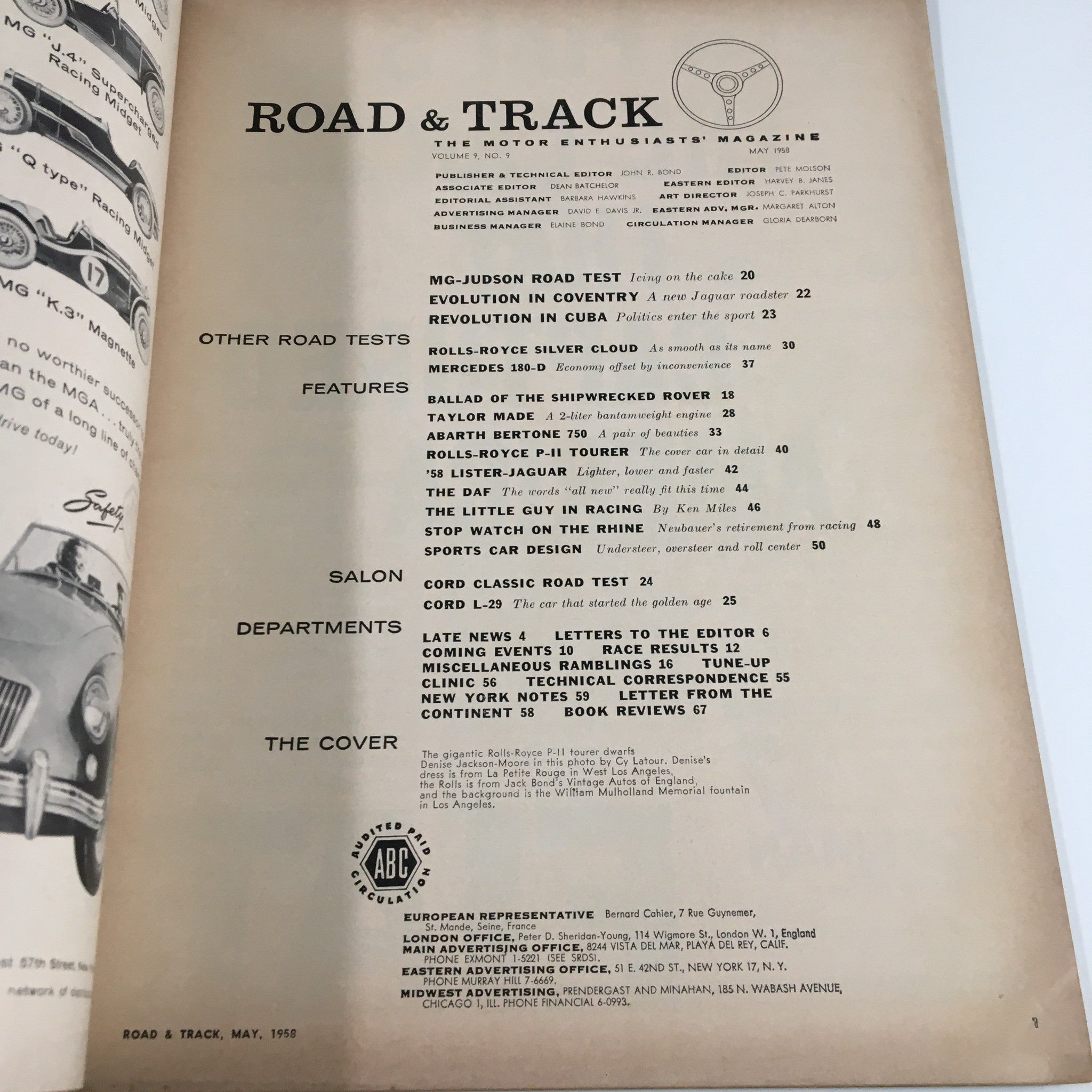 Interior page of VTG Road & Track Magazine May 1958 featuring table of contents with articles including Rolls-Royce P-II, MG-Judson Road Test, and more.