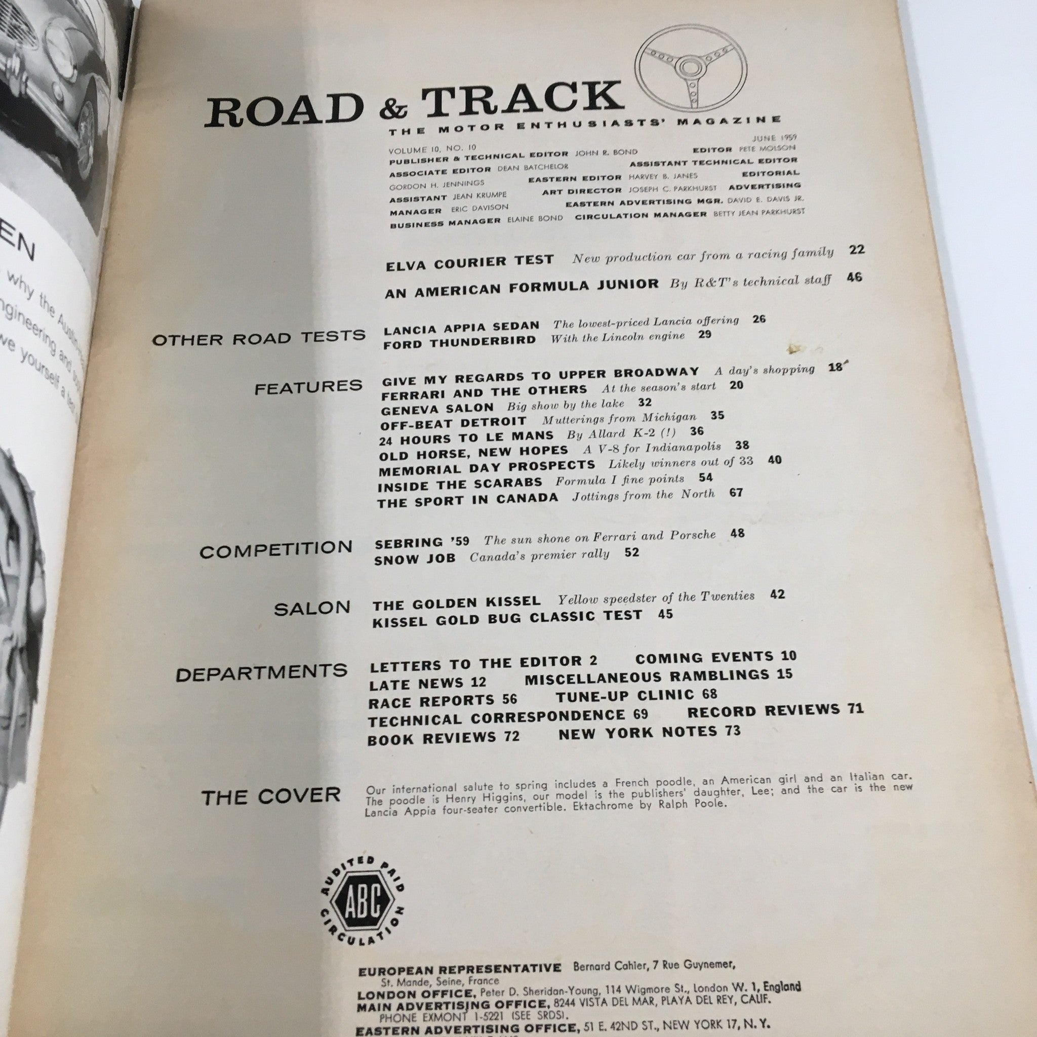 Interior page of VTG Road & Track Magazine June 1959 featuring the table of contents and article listings including 'Elva Courier Test' and 'Give My Regards to Upper Broadway'.