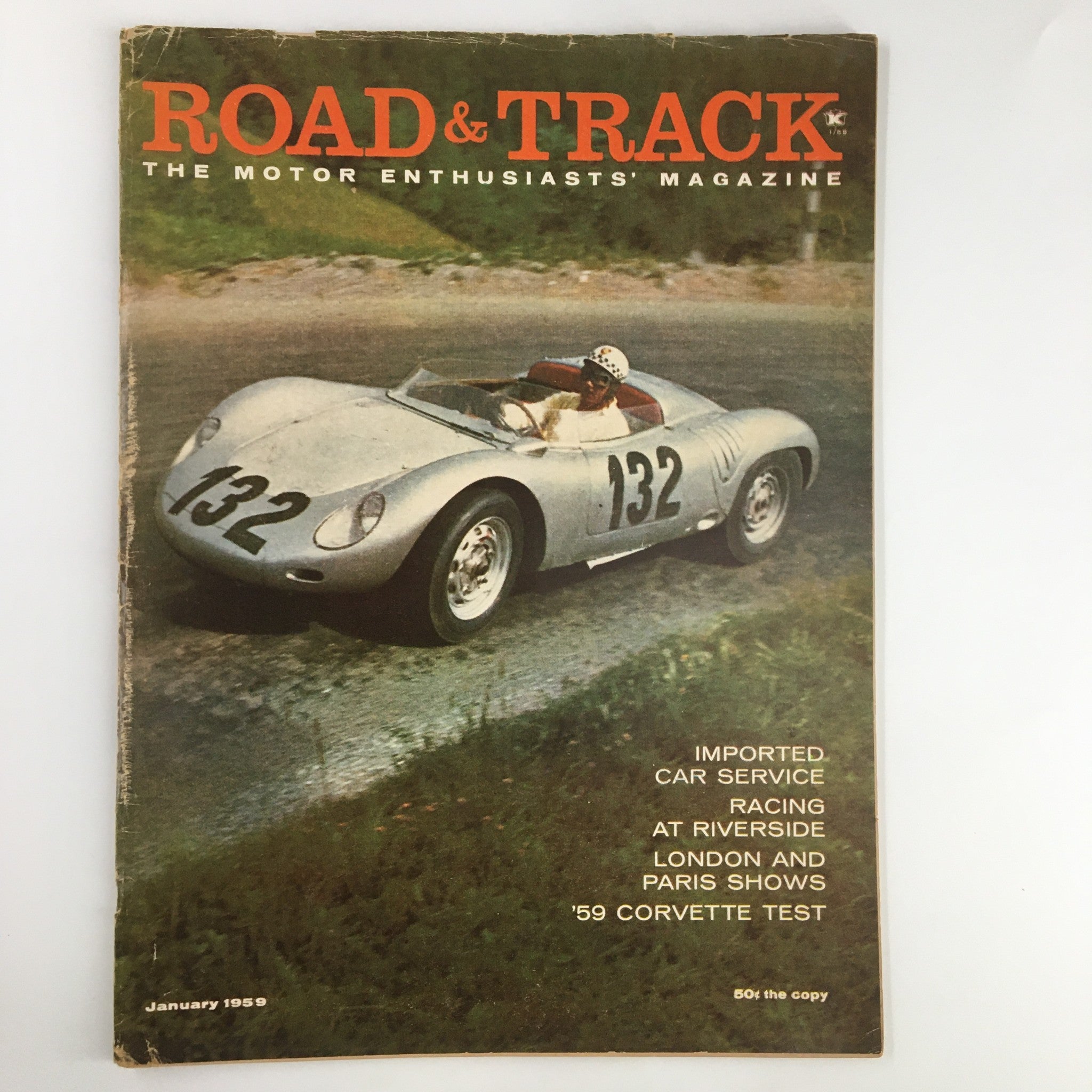 Cover of VTG Road & Track Magazine January 1959 featuring a vintage racing car with number 132 on a scenic track, showcasing automotive history and gas turbine technology.
