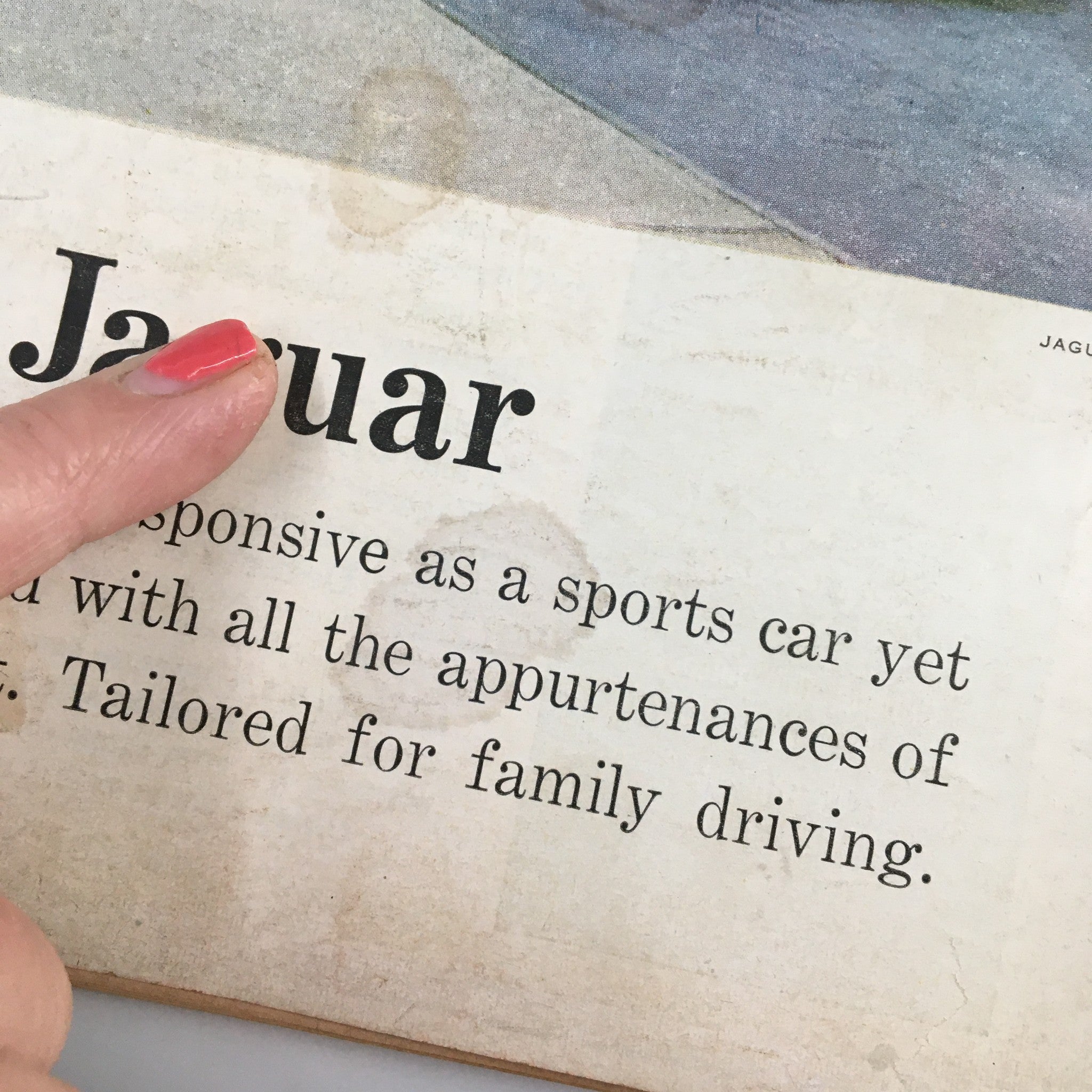 Detailed section of the VTG Road & Track Magazine January 1959, showing information about a Jaguar vehicle with a vintage aesthetic.