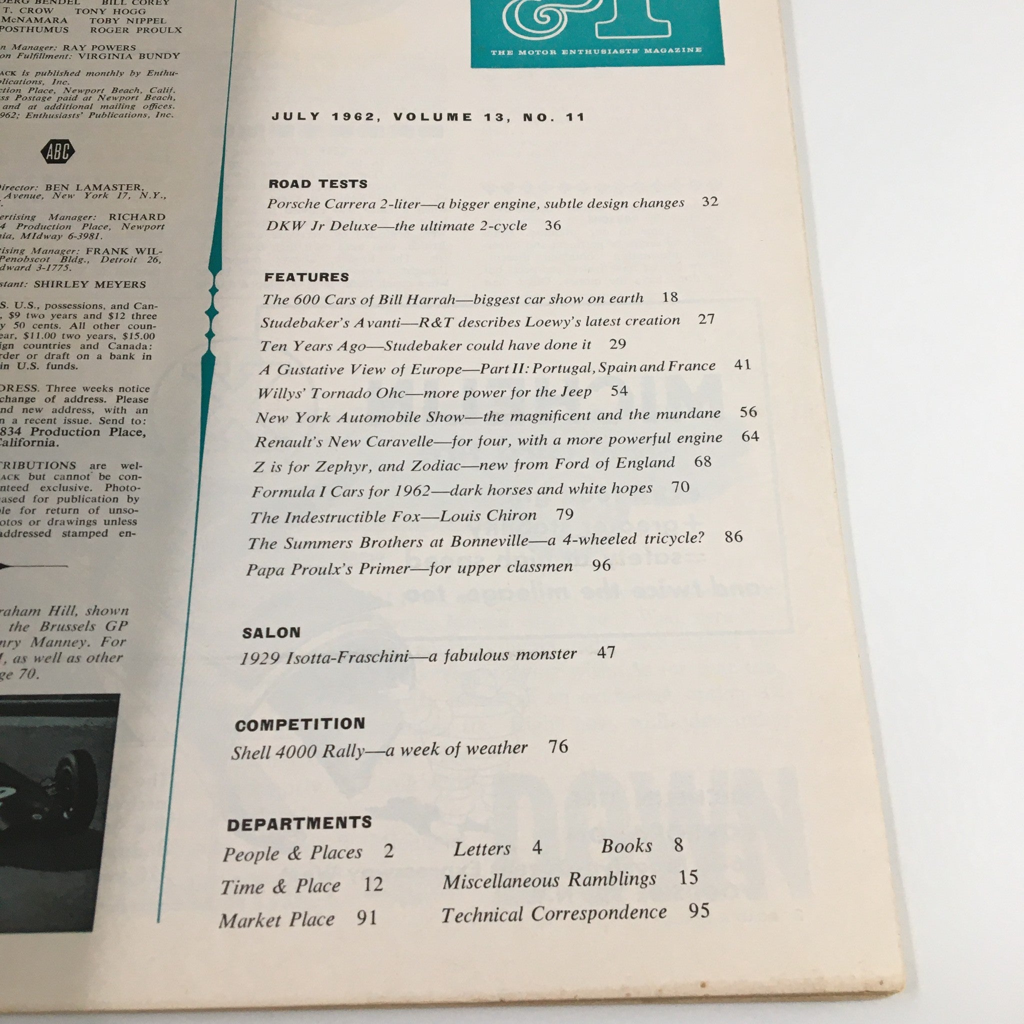 Contents page of VTG Road & Track Magazine July 1962, highlighting articles on Formula 1 cars, new automotive models, and features from the racing world.