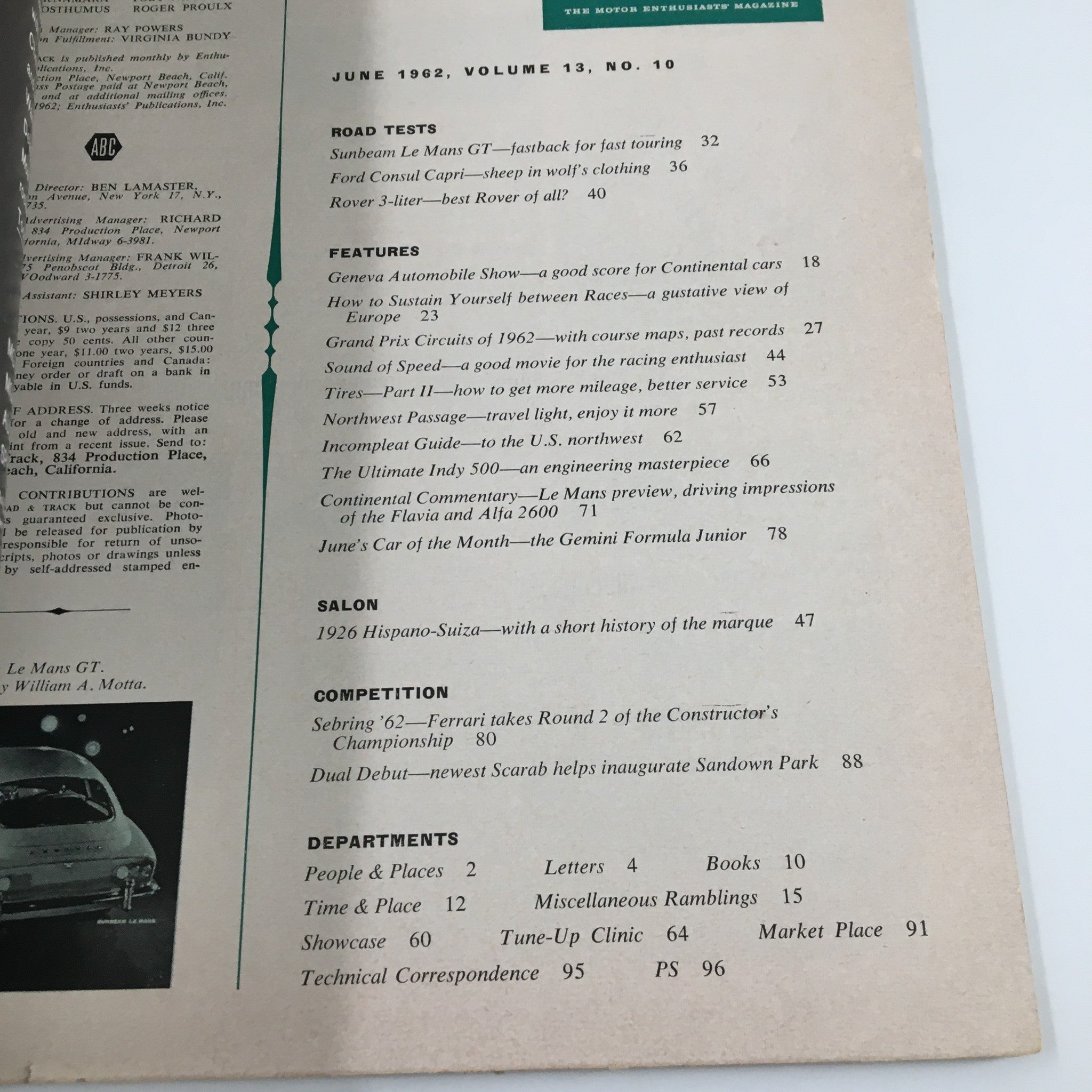 Back cover of the VTG Road & Track Magazine from June 1962 featuring details on automotive articles, including car tests and features on the Gemini Formula Junior.