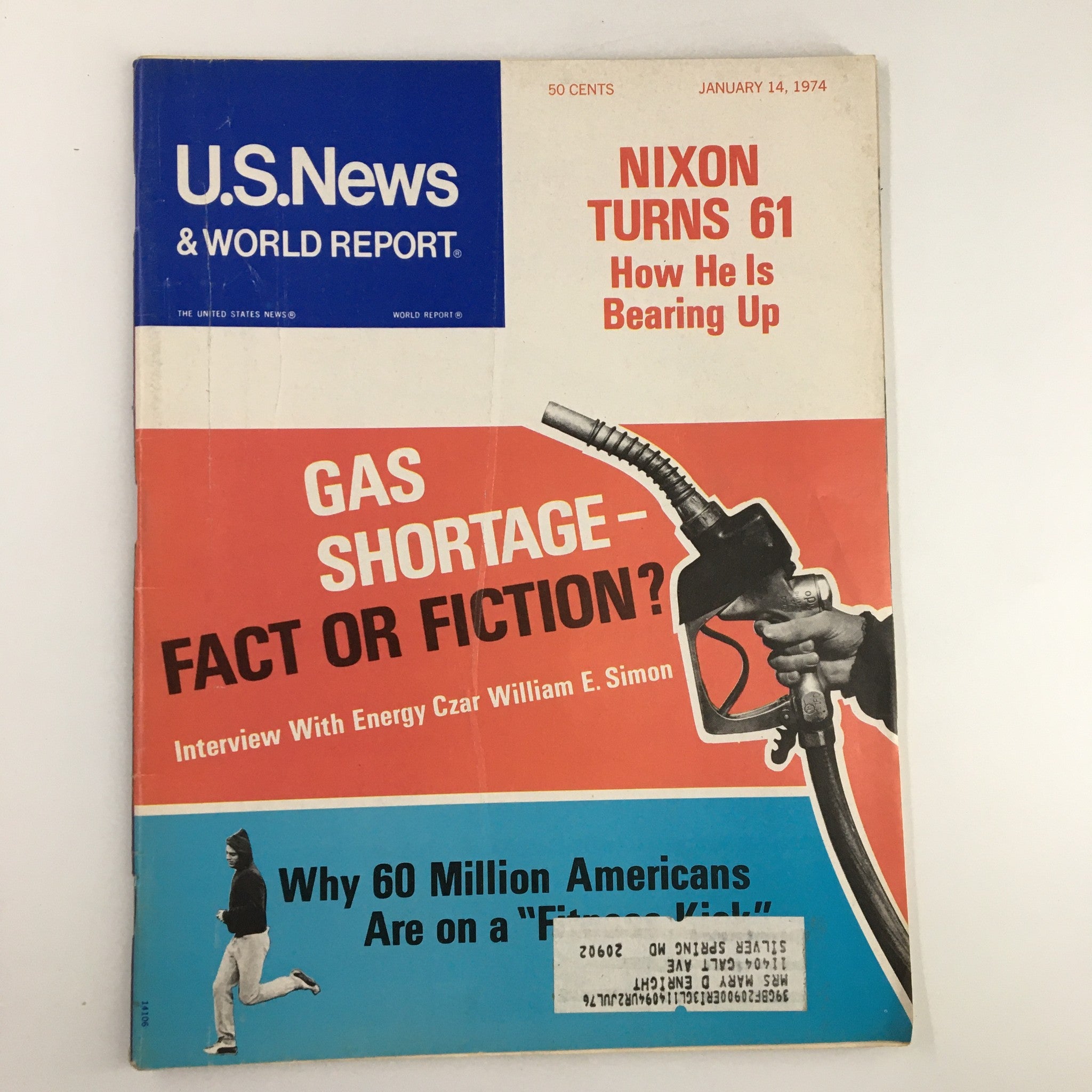 US News & World Report Magazine cover dated January 14, 1974, featuring Richard Nixon celebrating his 61st birthday with an article on the gas shortage; includes visual elements of a gas pump and a person jogging.