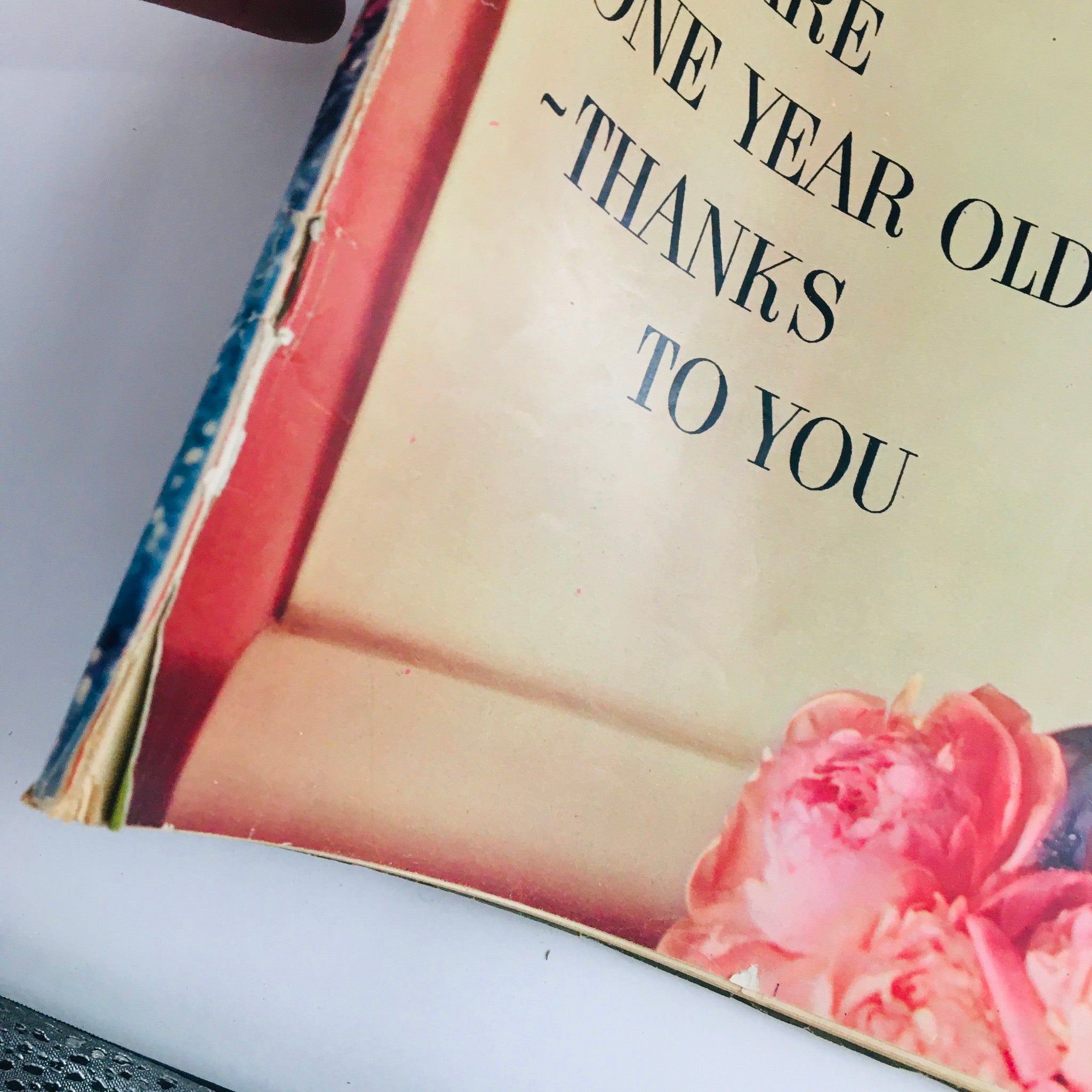 Close-up of the Seventeen Magazine September 1945 cover text 'NOW WE ARE ONE YEAR OLD - THANKS TO YOU' adorned with pink flowers.
