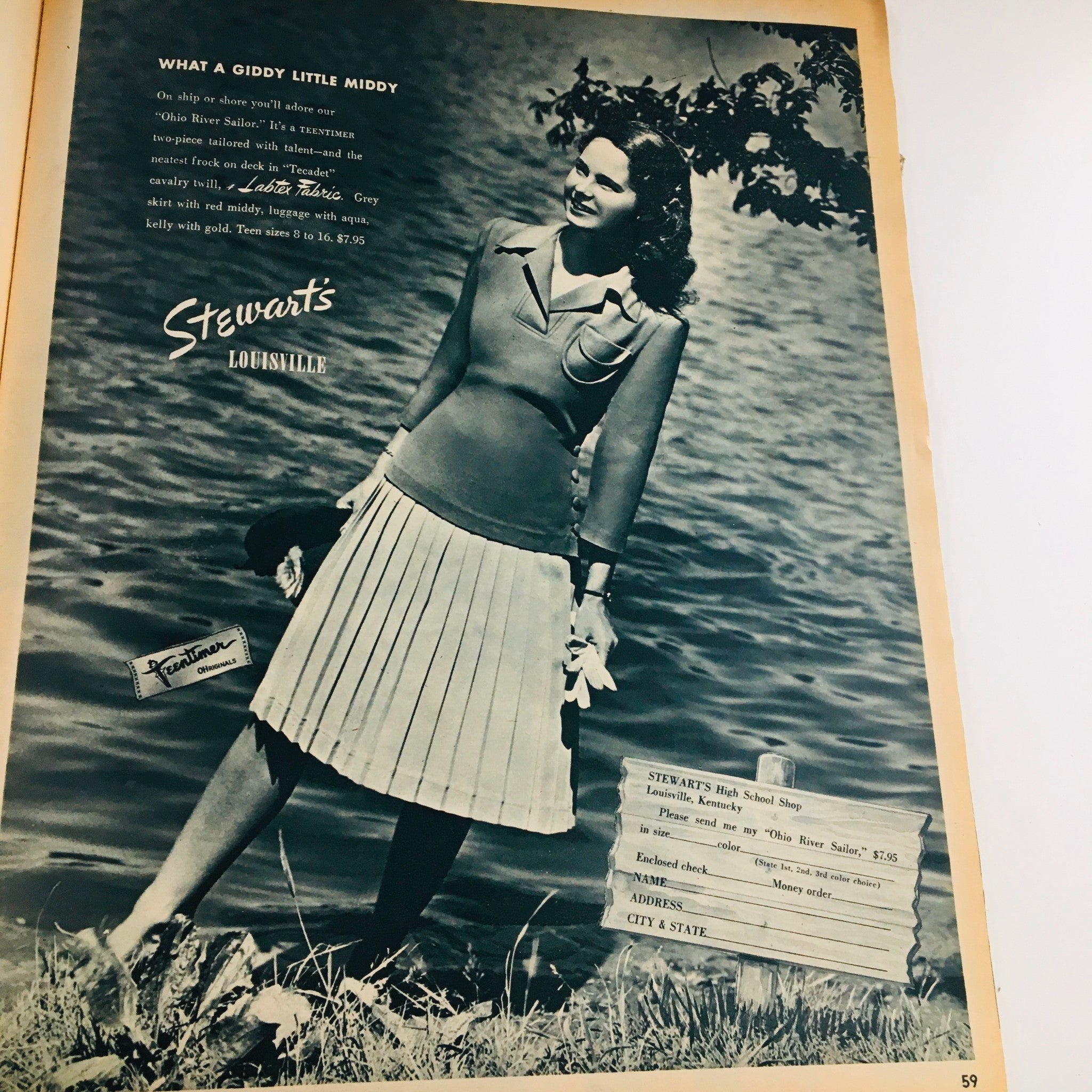 Seventeen Magazine September 1945 again features a model in a stylish outfit by water, advertising the 'Ohio River Sailor' knitwear, perfectly encapsulating 1940s fashion.