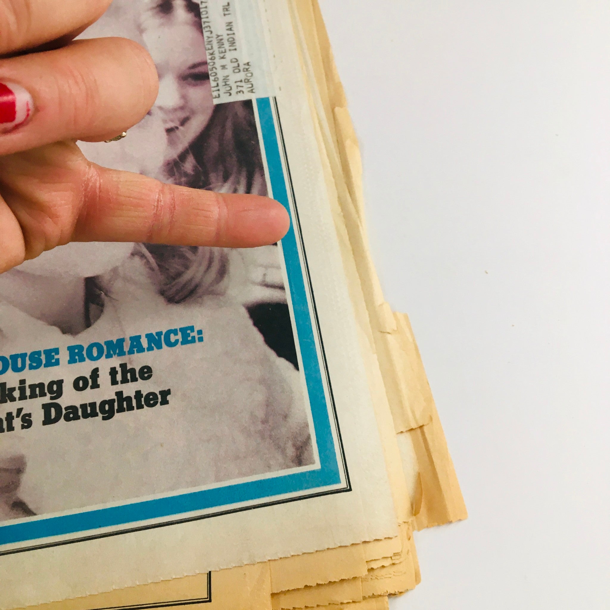 Close-up of Rolling Stone Magazine June 24 1971 #85 cover highlighting 'The Making of the President's Daughter' with a hand pointing at the title.