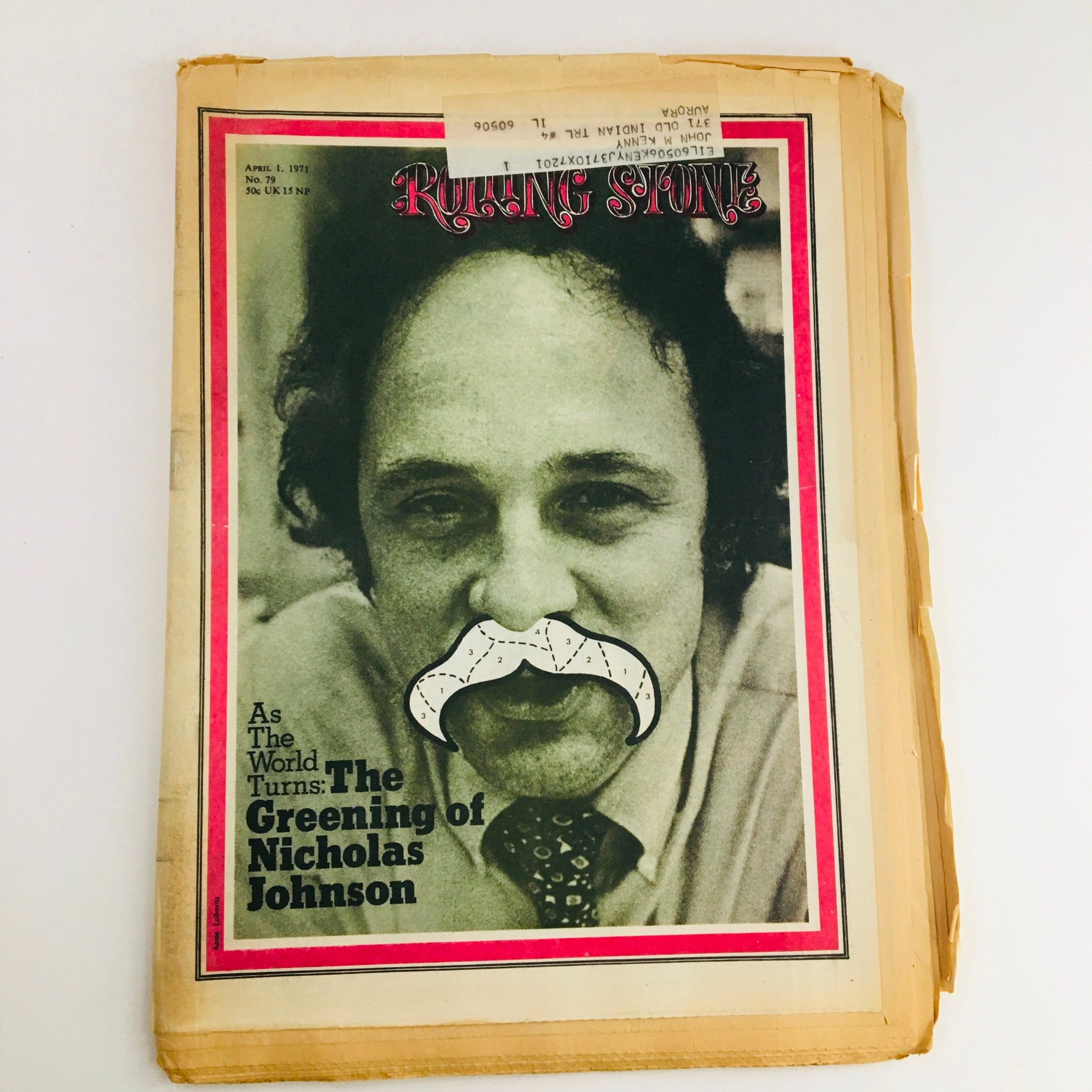 Rolling Stone Magazine April 1 1971 Cover featuring The Greening of Nicholas Johnson with a mustached face illustration and prominent title.