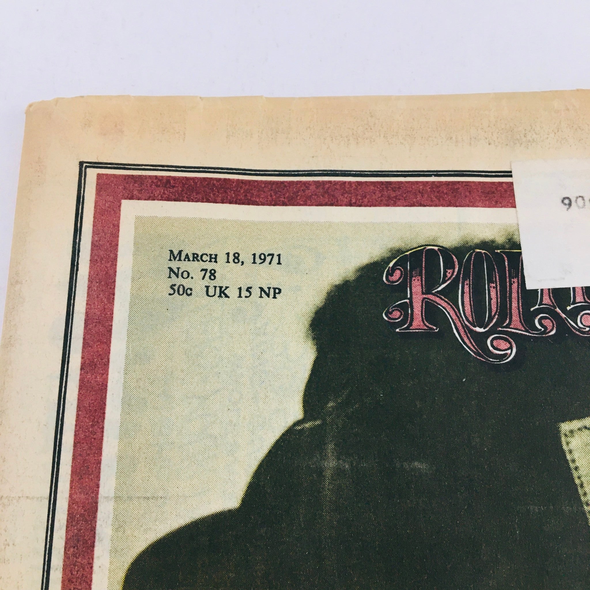 Top corner of Rolling Stone Magazine March 18, 1971, Issue #78 displaying the publication date and pricing, part of the cover featuring 'The Second Coming of Muhammad Ali'.