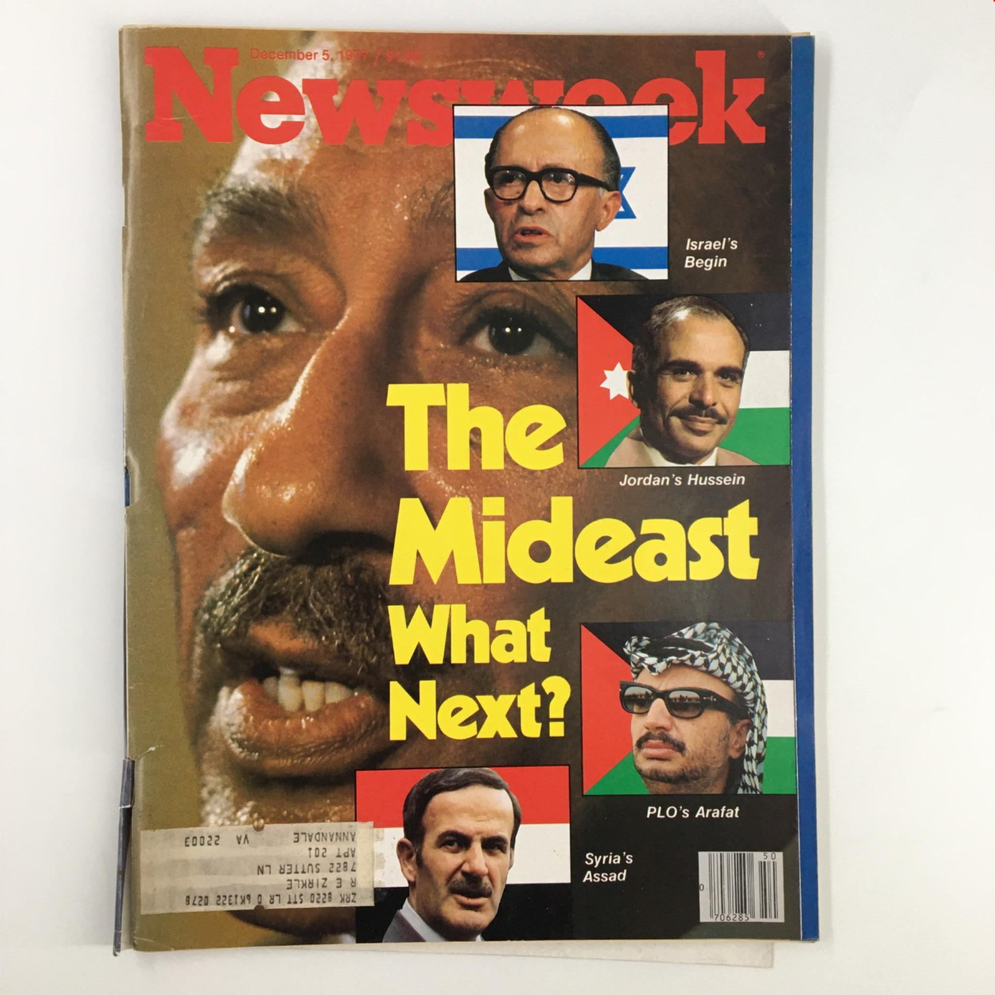 VTG Newsweek Magazine December 5 1977 cover featuring key Middle Eastern leaders including Israel's Menachem Begin, Jordan's Hussein, Syria's Assad, and PLO's Arafat, with the headline 'The Mideast What Next?' showcasing historical political context.