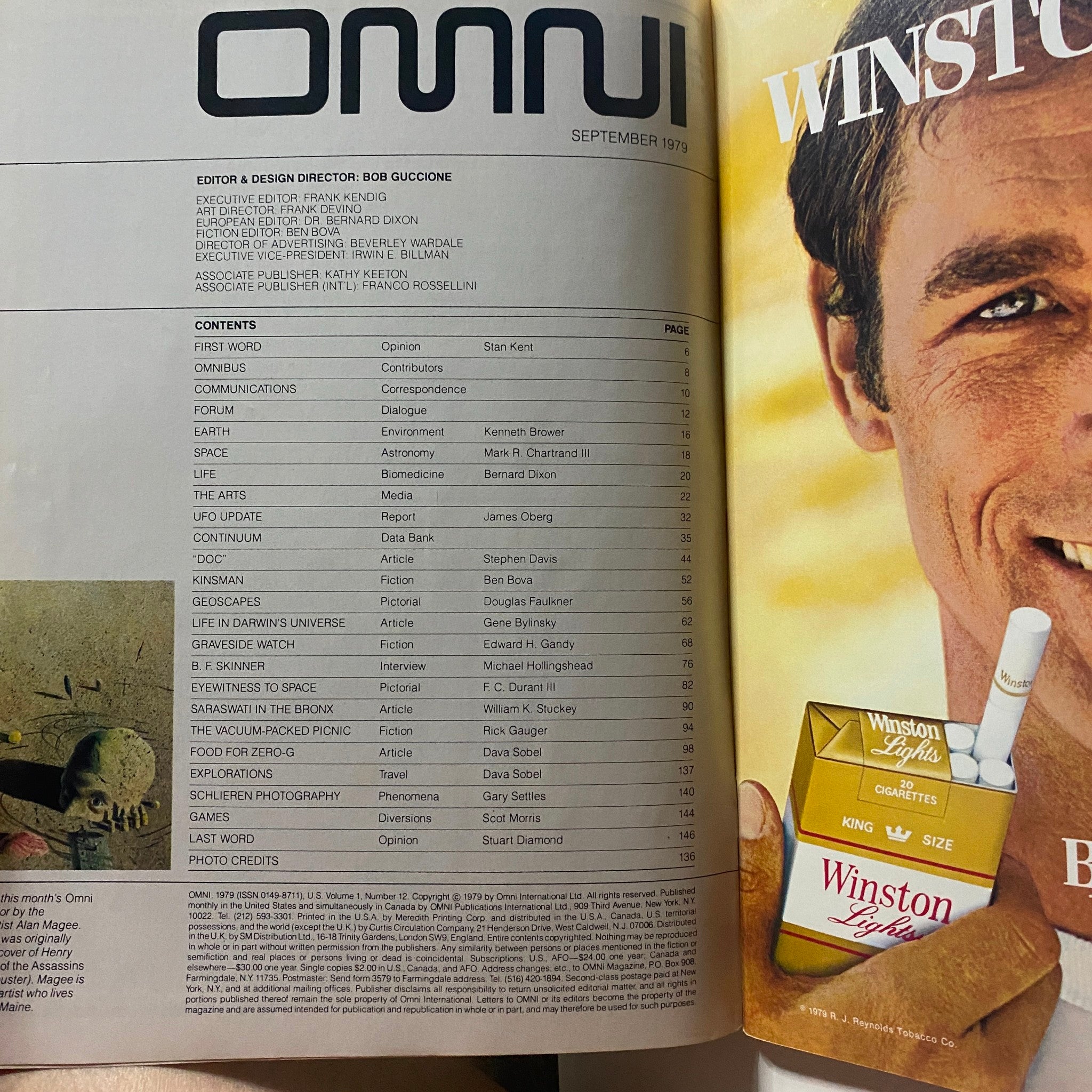 Inside page of VTG Omni Magazine September 1979, showcasing magazine contents and editorial details including articles on various topics. Features an ad for Winston cigarettes.