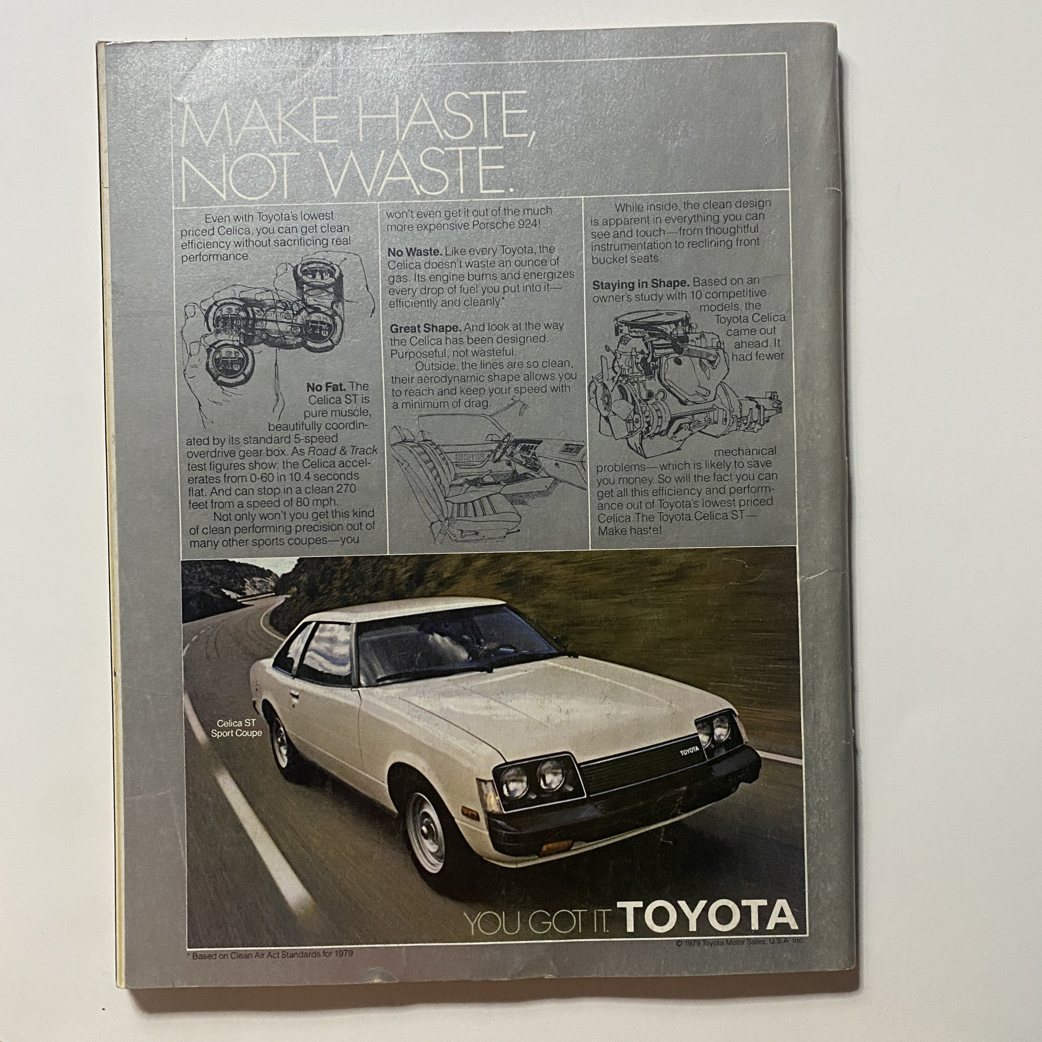 Back cover of VTG Omni Magazine September 1979 featuring an advertisement for Toyota, promoting the Celica ST Sport Coupe with an image of the car on a scenic road.