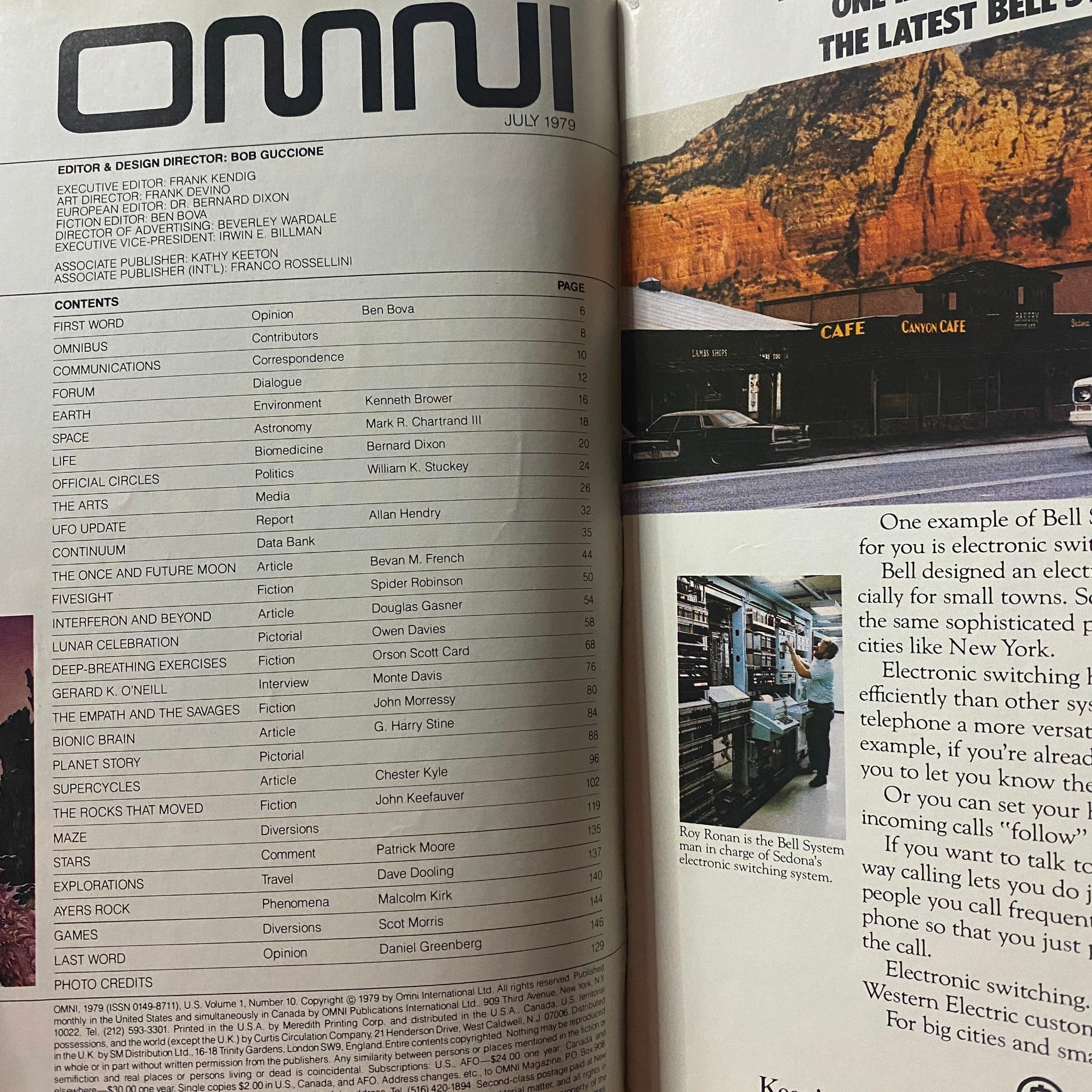 Contents page of VTG Omni Magazine July 1979, detailing featured articles and contributors, including the exploration of technology and brain-computer interfaces.