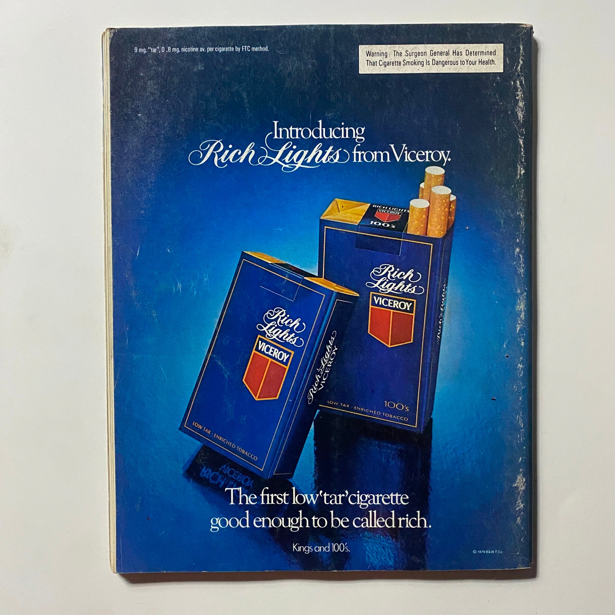 Back cover of VTG Omni Magazine July 1979 showcasing an advertisement for Viceroy's Rich Lights cigarettes with a prominent warning about health risks.