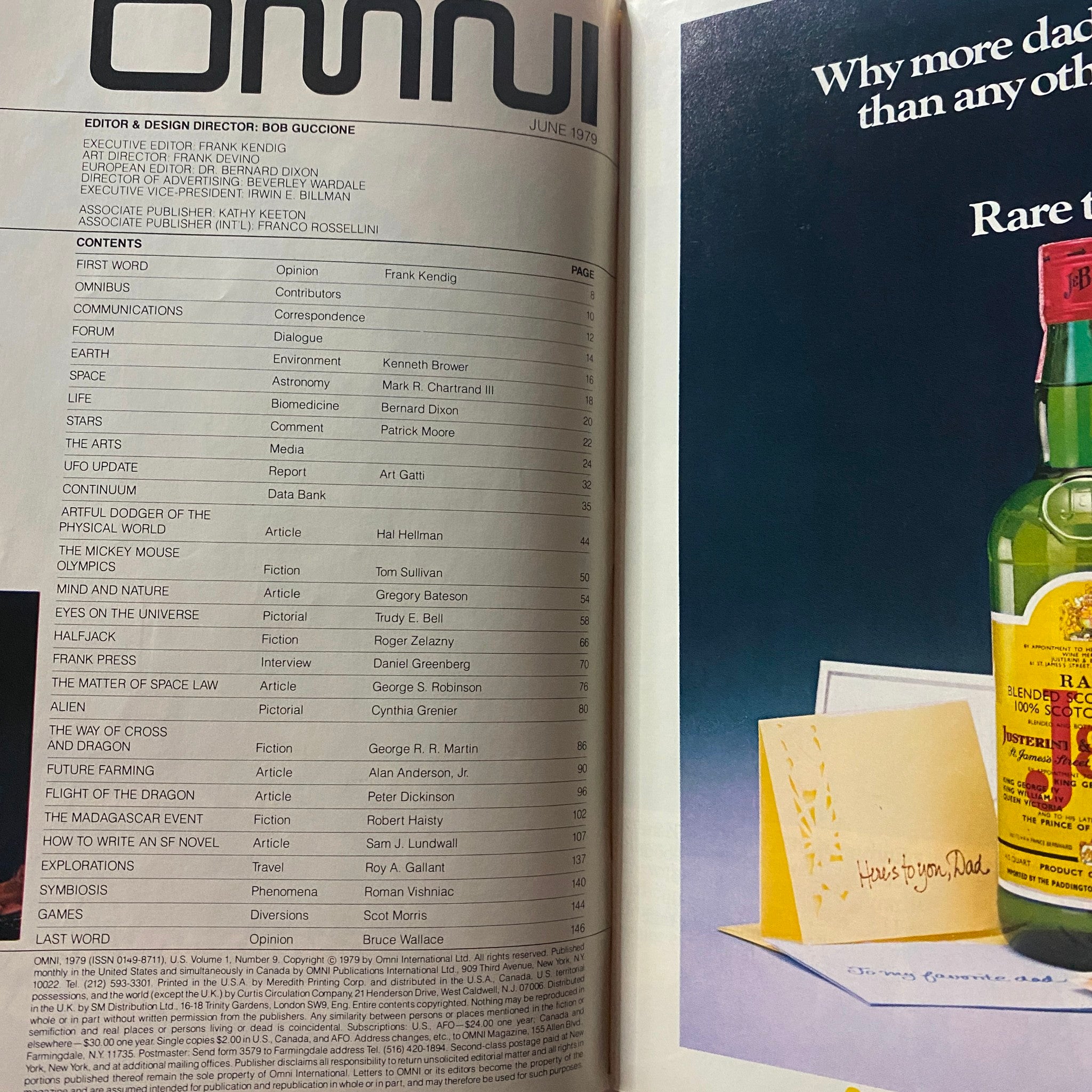 Interior page of Omni Magazine June 1979 displaying the table of contents, highlighting articles and contributors with a focus on topics like space, alien life, and human potential.