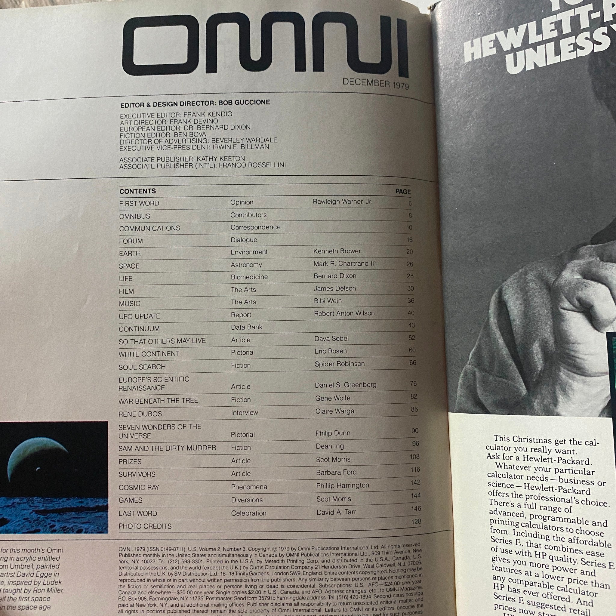 Inside page of VTG Omni Magazine December 1979 displaying the table of contents, including sections on SPACE, EARTH, and featured contributors, set in a vintage magazine layout.