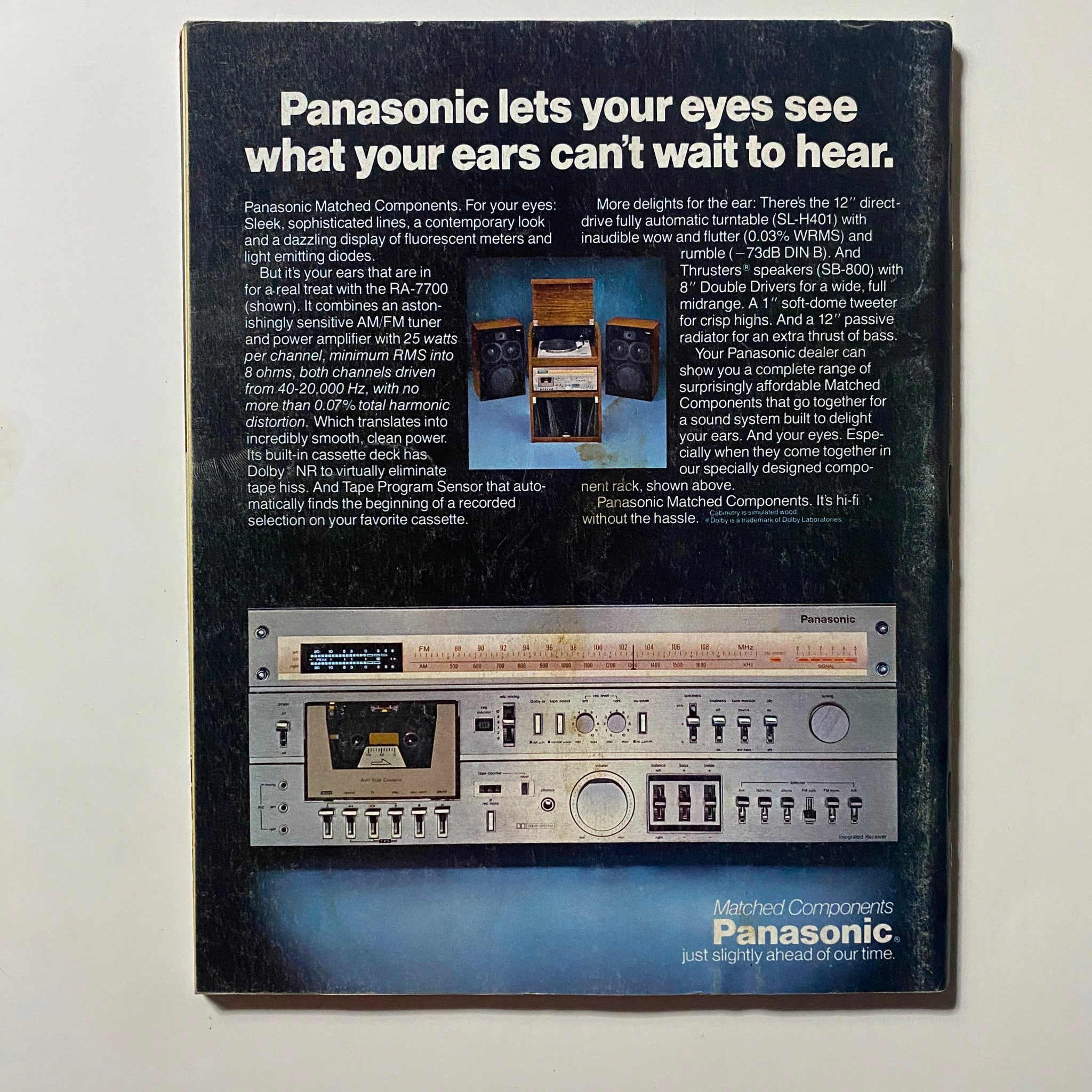 Back cover of VTG Omni Magazine December 1979 with an advertisement for Panasonic audio equipment, highlighting features like a direct-drive turntable and hi-fi components.