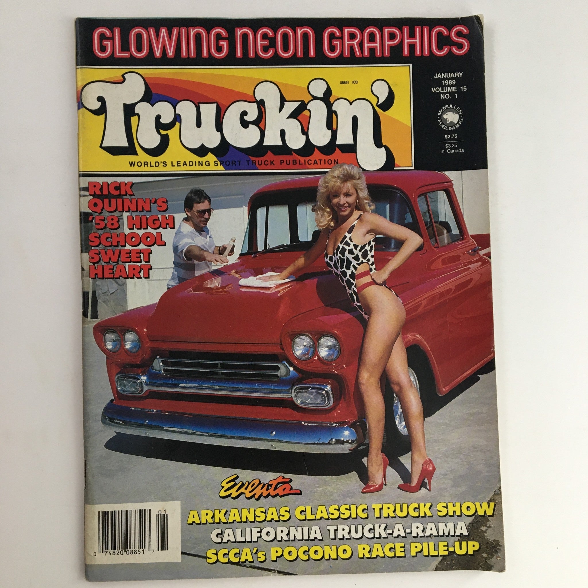 Truckin' Magazine cover from January 1989 featuring Rick Quin's '58 High School Sweet Heart truck, showcasing vibrant neon graphics and a striking photo of a woman in a swimsuit beside the red truck.
