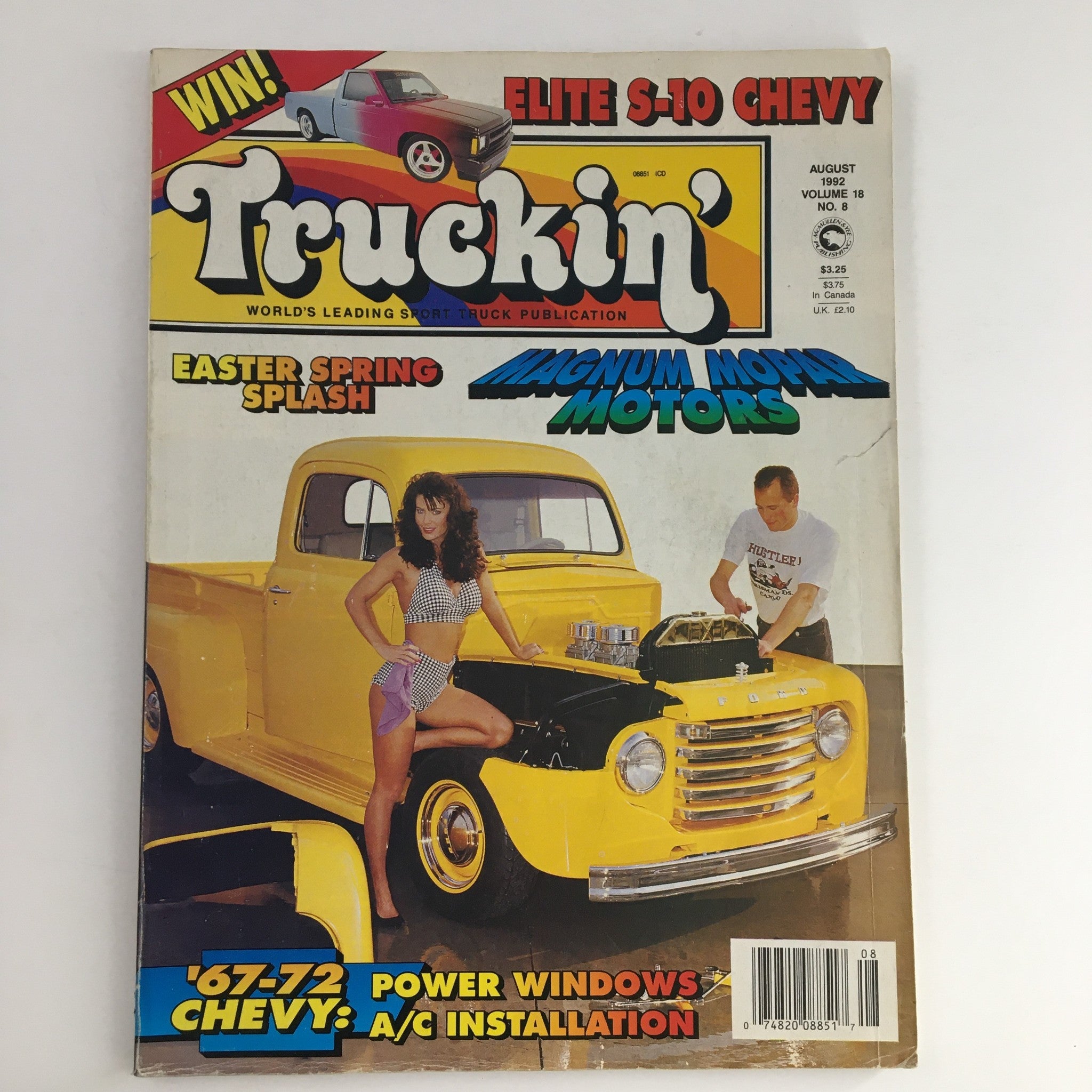 Cover of Truckin' Magazine August 1992, featuring a vintage yellow truck, a woman in a bikini, and articles on Magnum Mopar Motors and Elite S-10 Chevy.