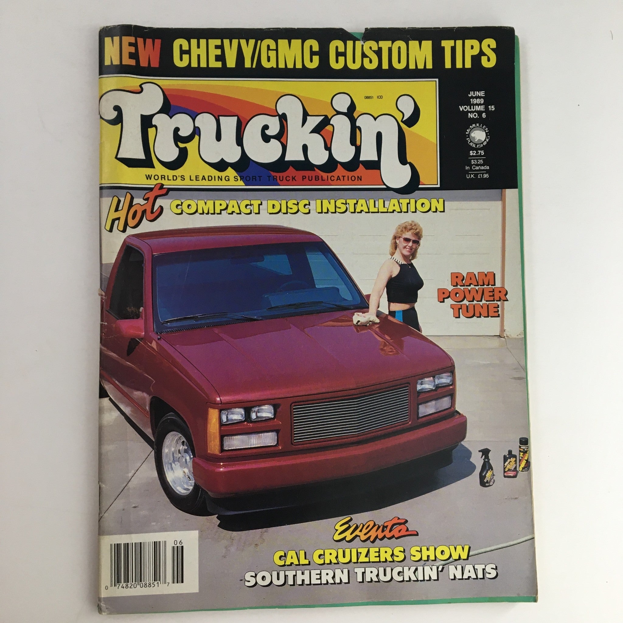Truckin' Magazine June 1989 Compact Disc Installation, featuring a red truck and a woman posing beside it. Highlighting Ram Power Tune and custom truck tips.