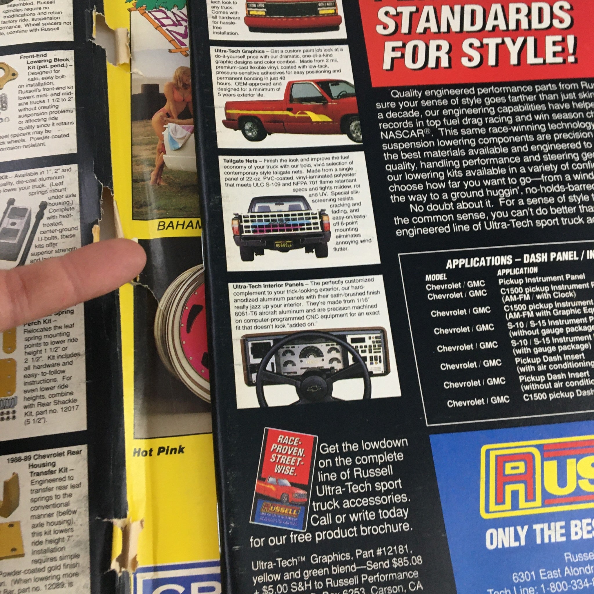 Page from Truckin' Magazine March 1990 displaying performance parts and accessories with a red truck illustration and graphic details, showcasing automotive trends from the early '90s.