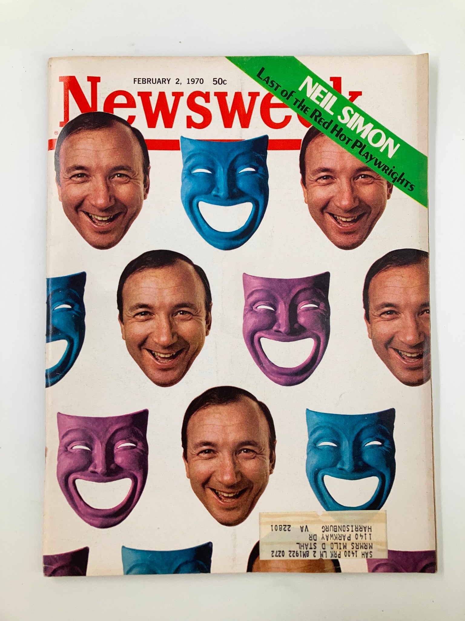 Vintage Newsweek Magazine from February 2, 1970 featuring Neil Simon, the last of the red-hot playwrights, with a vibrant cover displaying expressive masks and smiling faces.