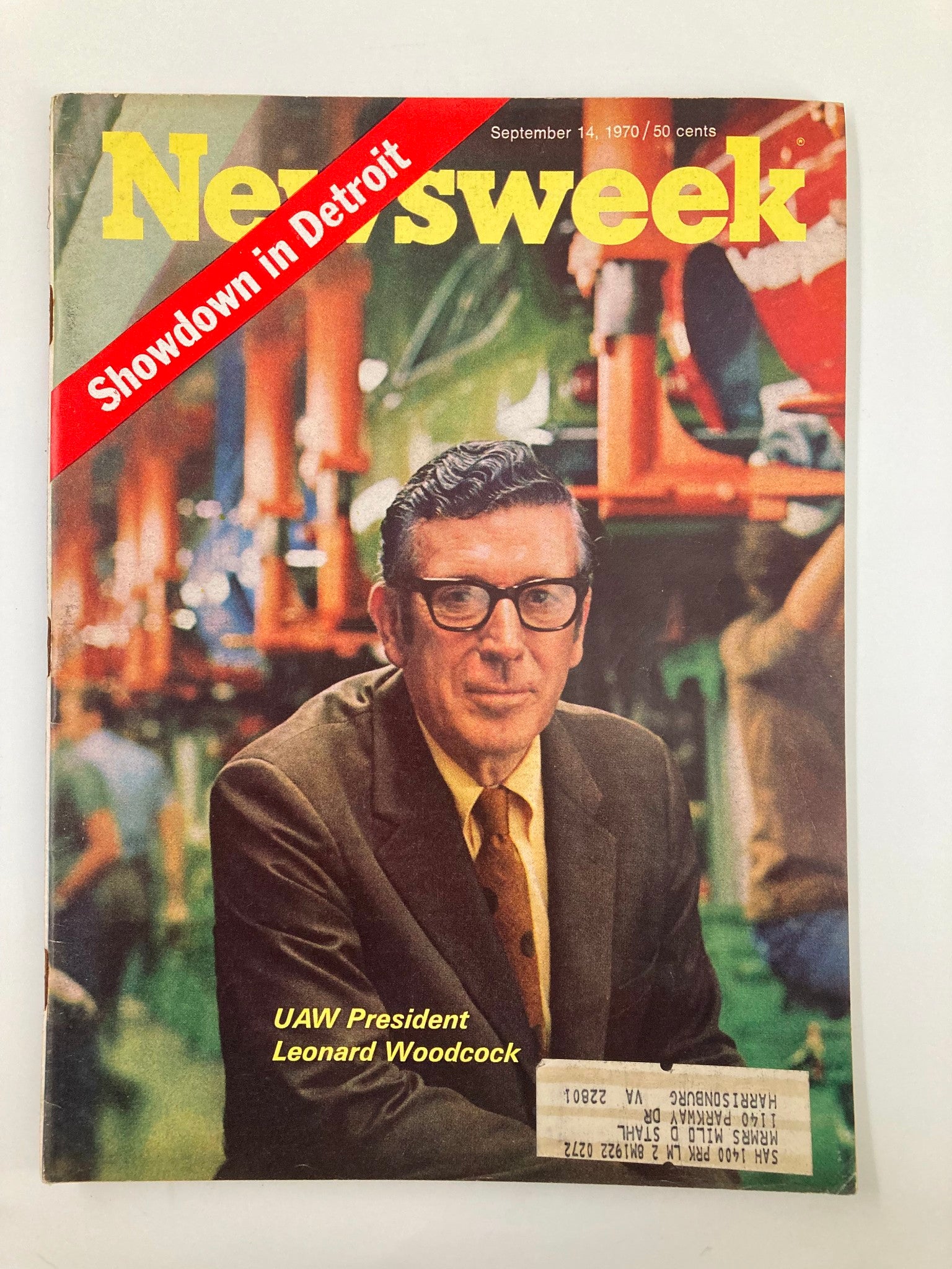 Vintage Newsweek Magazine cover from September 14, 1970, featuring UAW President Leonard Woodcock, highlighting a significant historical moment in labor movements.