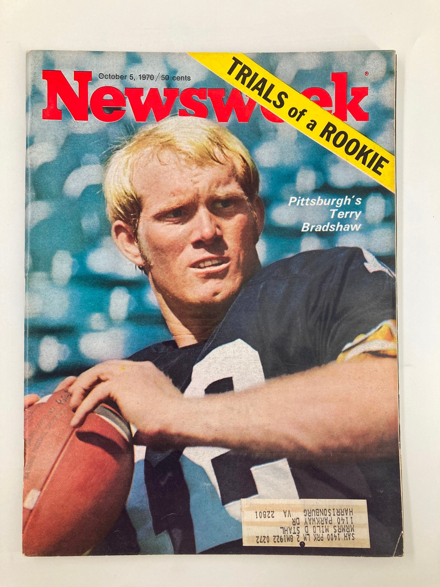 Vintage Newsweek magazine cover from October 5, 1970, featuring Pittsburgh's Terry Bradshaw during his rookie trial, showcasing his early football career and nostalgia for sports history.