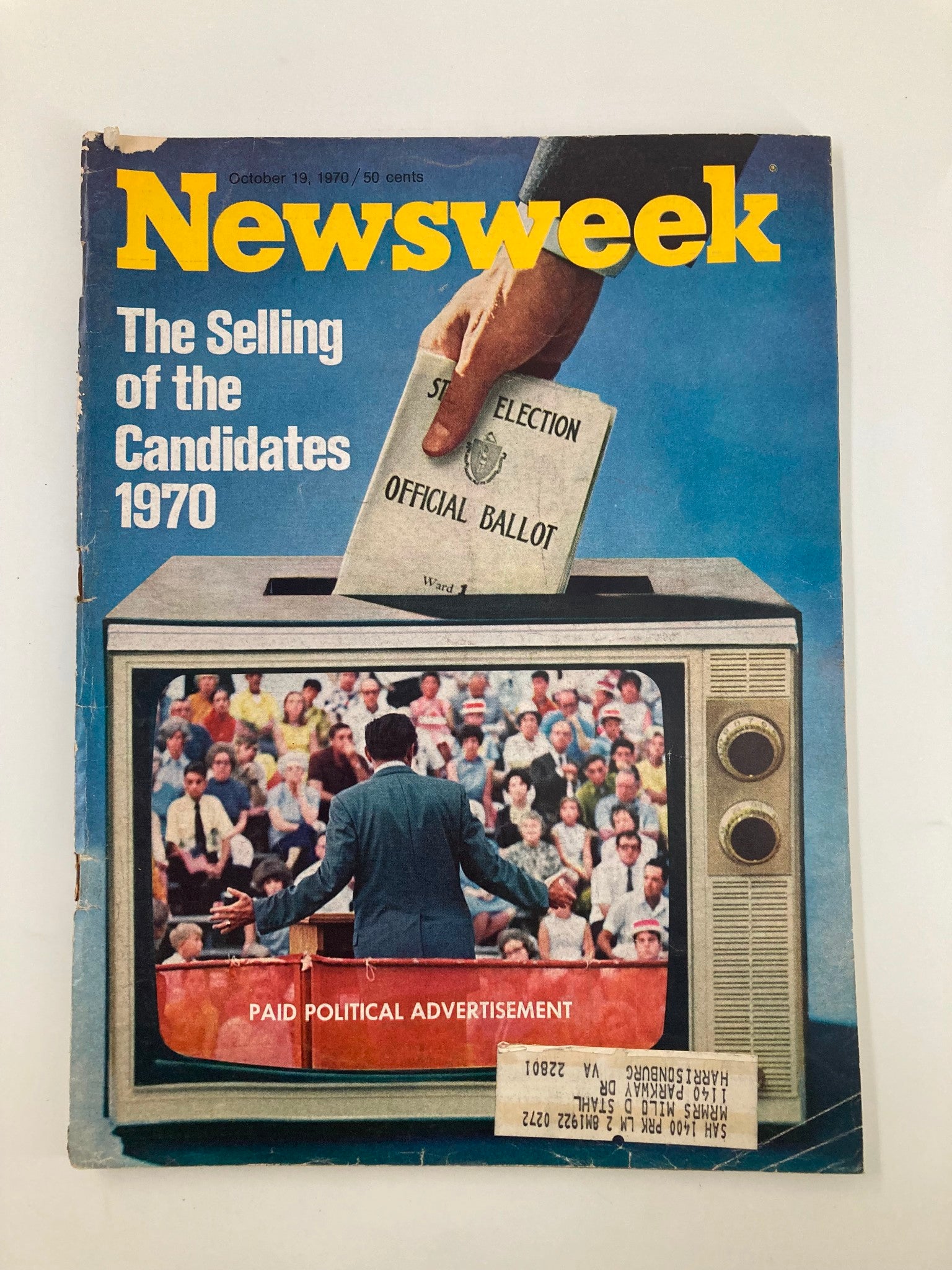Front cover of VTG Newsweek Magazine from October 19, 1970, titled 'The Selling of the Candidates 1970,' featuring a hand placing a ballot into a TV screen depicting a political rally.