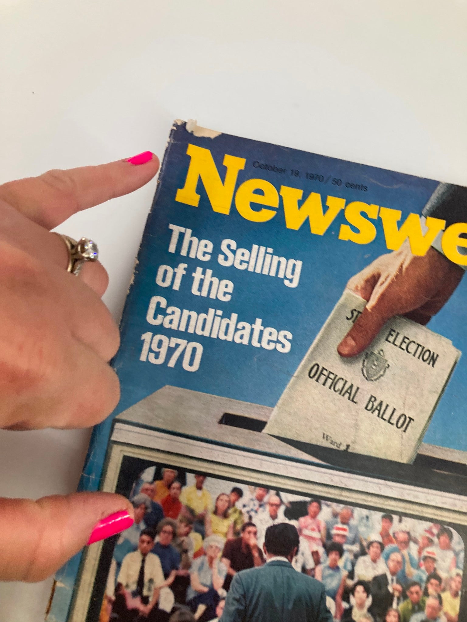 Close-up of the front cover of VTG Newsweek Magazine, dated October 19, 1970, showing the title 'The Selling of the Candidates 1970,' with a hand holding a ballot and a crowd in the background.
