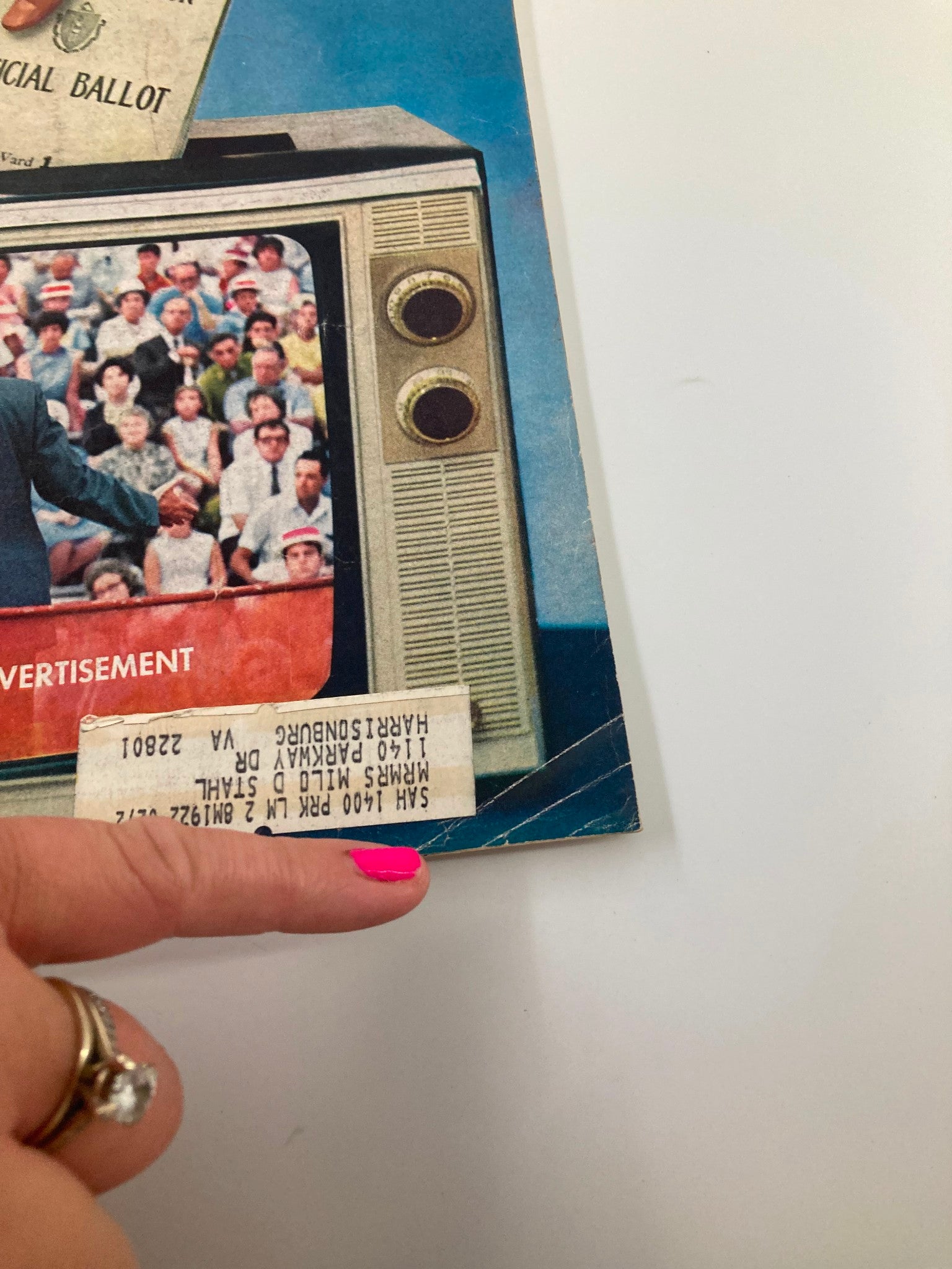 Bottom corner of the front cover of VTG Newsweek Magazine from October 19, 1970, displaying the title 'The Selling of the Candidates 1970' along with a paper label.