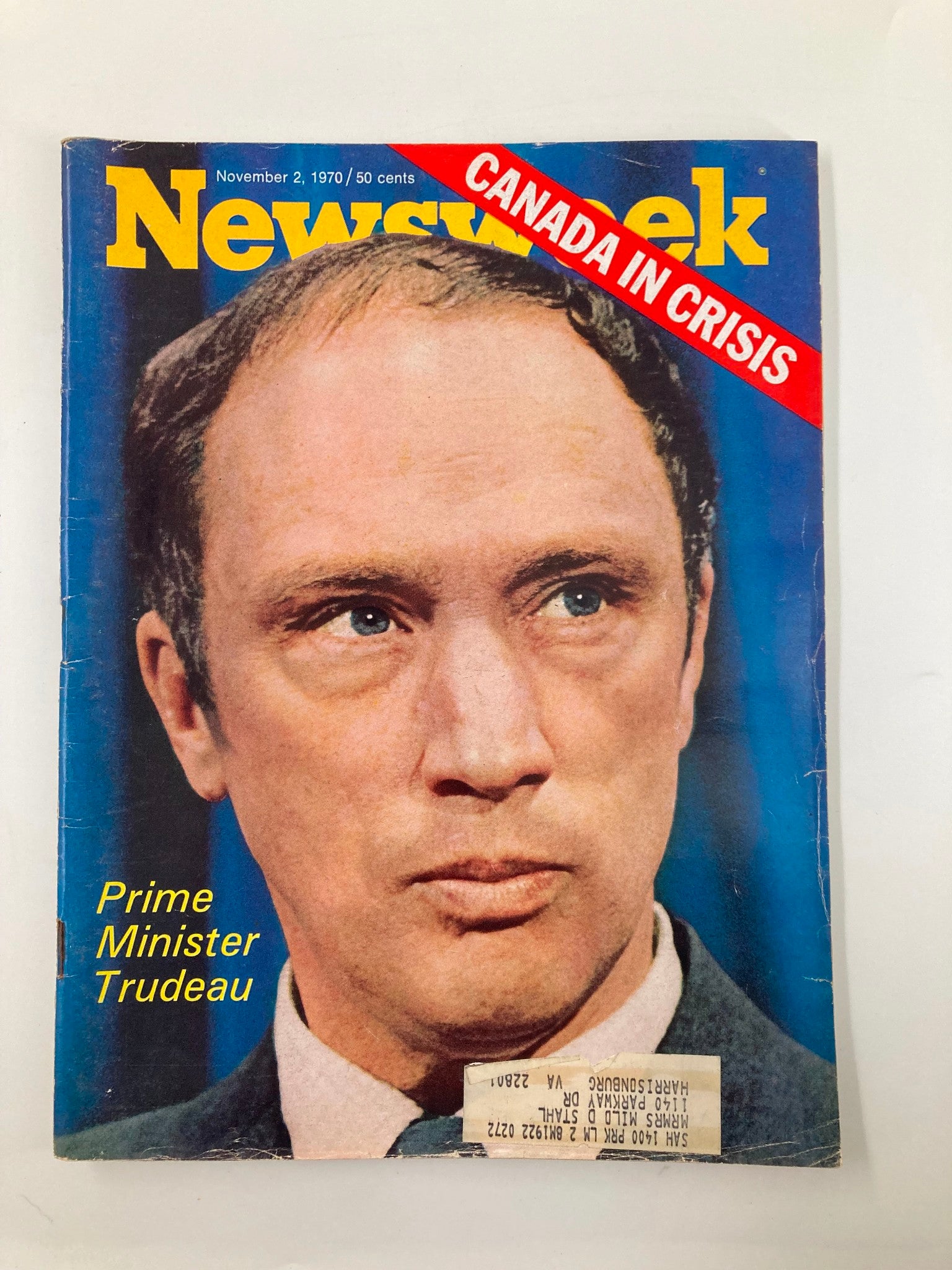 Cover image of the VTG Newsweek Magazine from November 2, 1970, featuring a portrait of Prime Minister Trudeau with the headline 'Canada In Crisis'.