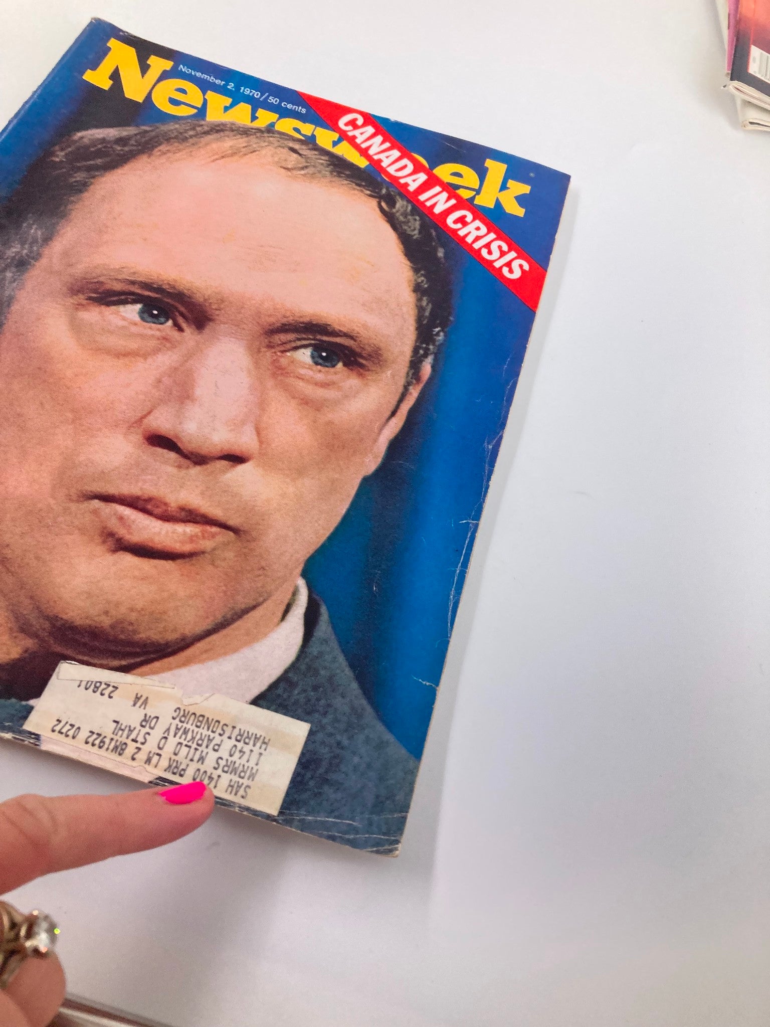Close-up view of the VTG Newsweek Magazine November 2, 1970 cover highlighting Prime Minister Trudeau and the 'Canada In Crisis' title.