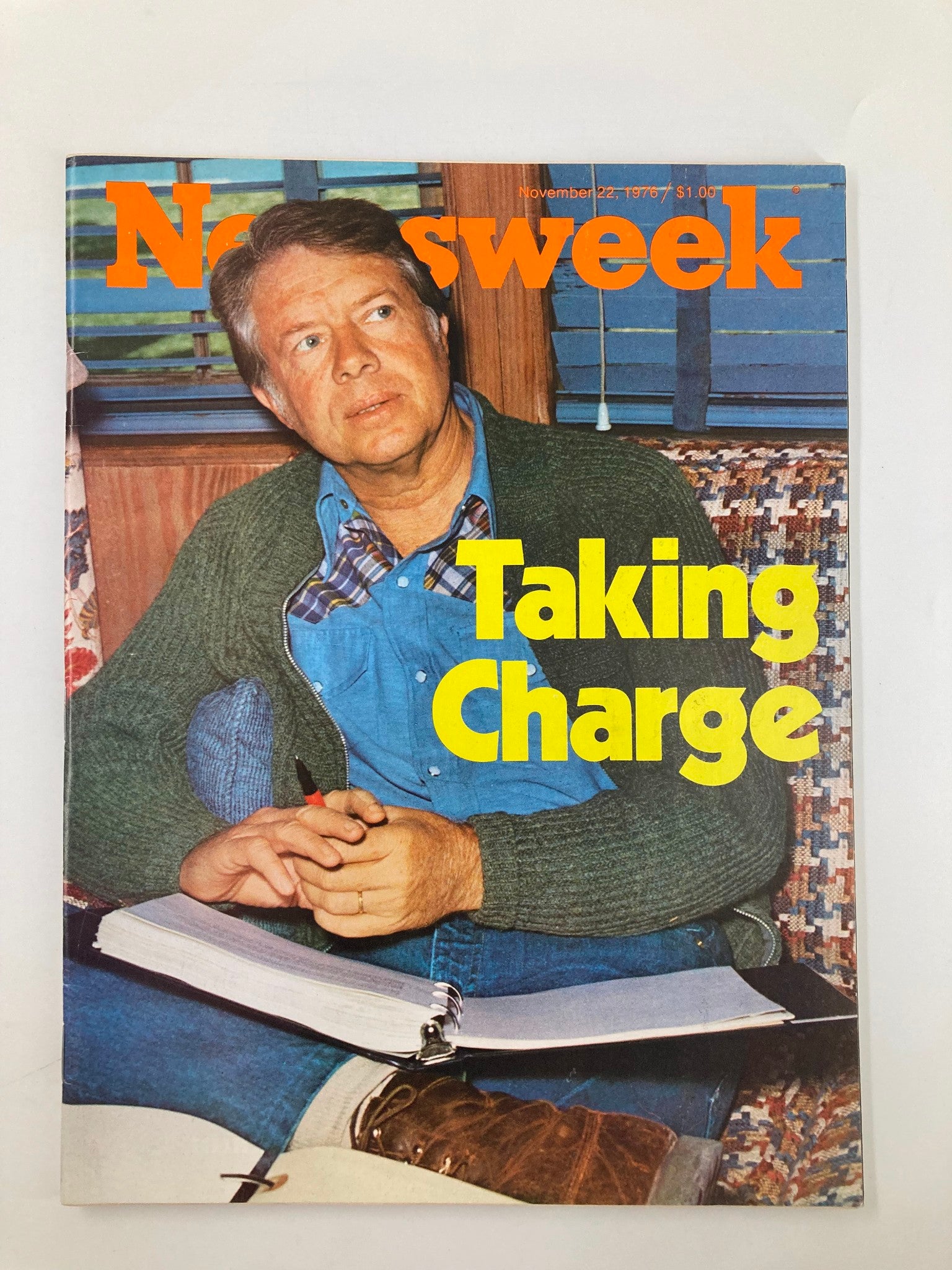 Cover of the vintage Newsweek magazine from November 22, 1976, featuring the title 'Taking Charge' and an image of Jimmy Carter, reflecting on his presidency.