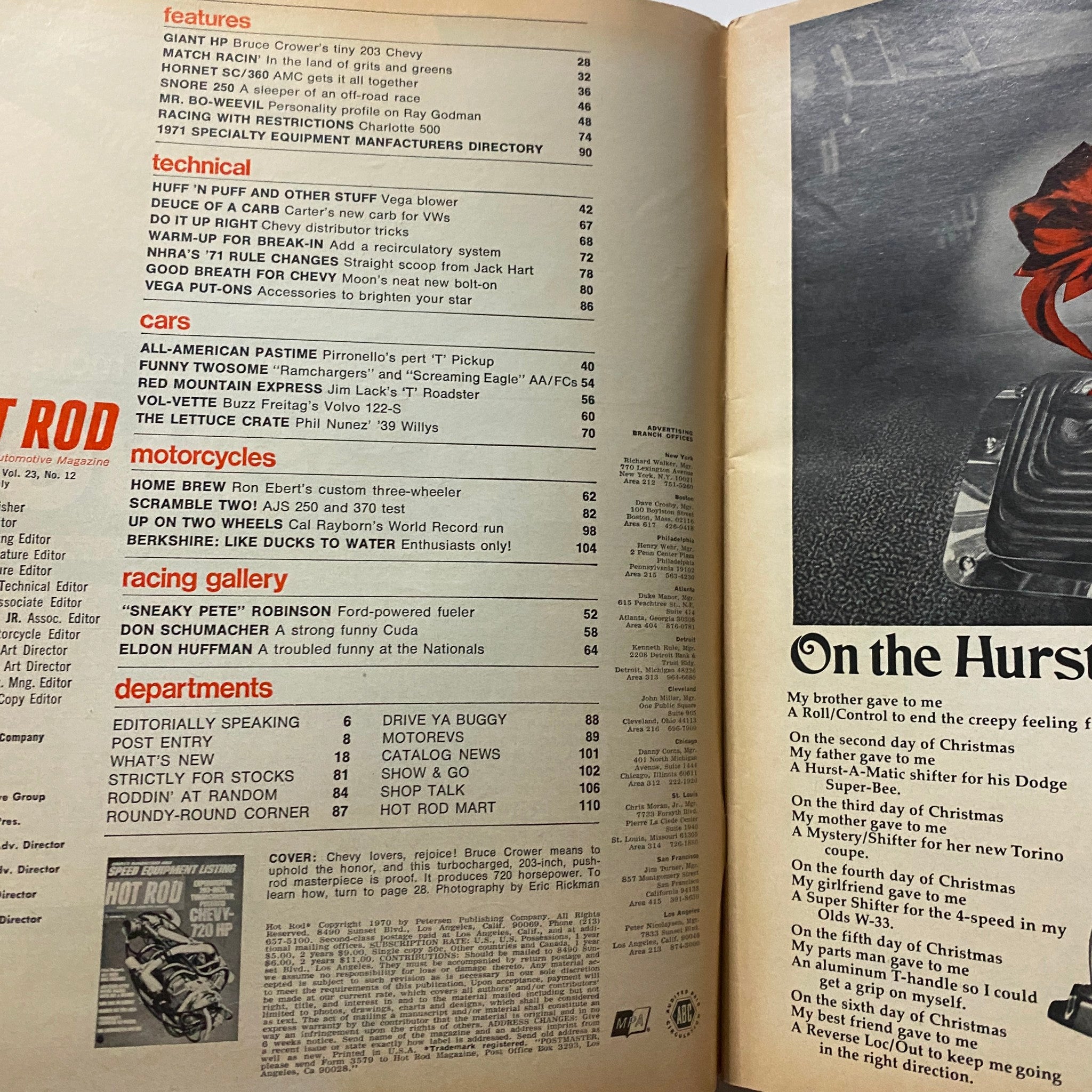 VTG Hot Rod Magazine December 1970 featuring the table of contents highlighting articles on racing and automotive technology.