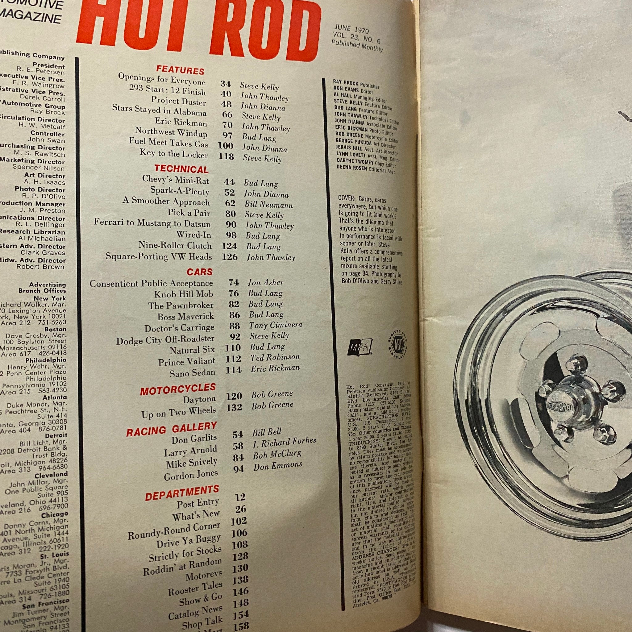 Table of contents from VTG Hot Rod Magazine June 1970, outlining features, technical articles, and departments, reflecting on automotive topics of the era.