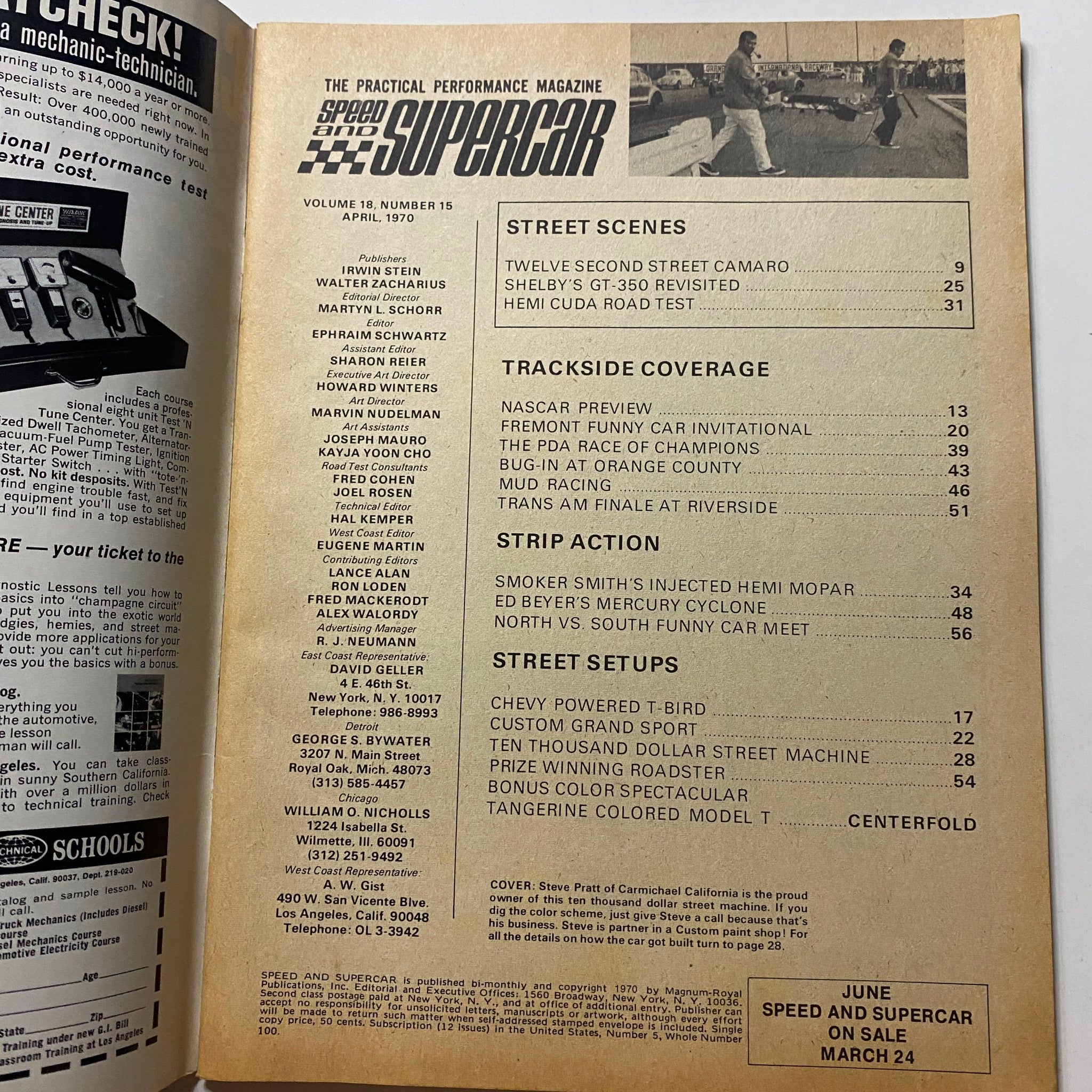 Inside page of VTG Speed and Supercar Magazine April 1970 displaying the table of contents and various features related to street scenes and trackside coverage.