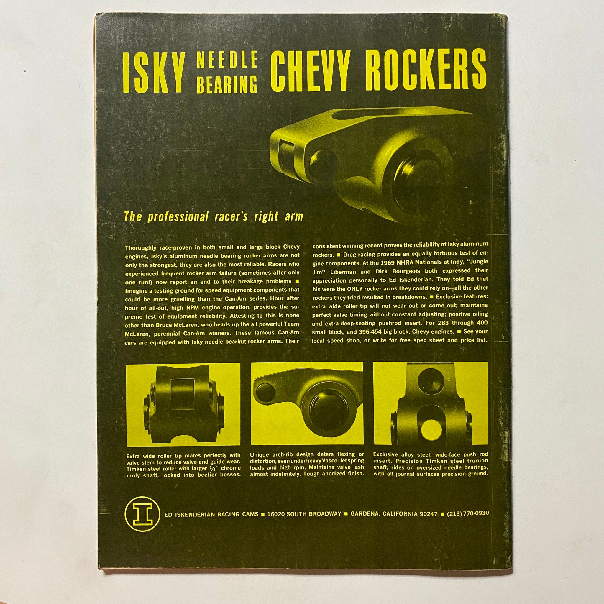 Back cover of VTG Speed and Supercar Magazine April 1970 detailing Isky Needle Bearing Chevy Rockers, promoting professional racing components.