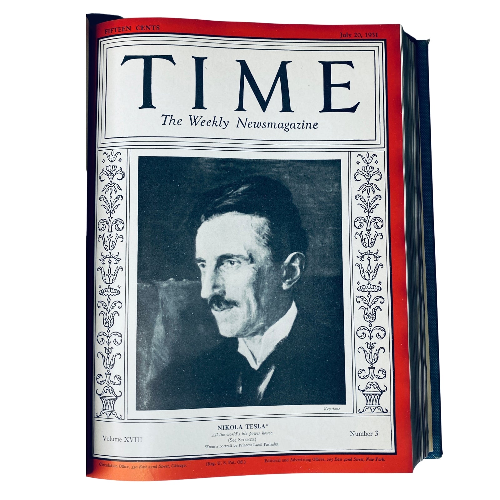 Time Magazine cover featuring Nikola Tesla, dated July 20, 1931, highlighting the influential inventor with a portrait and bold title.