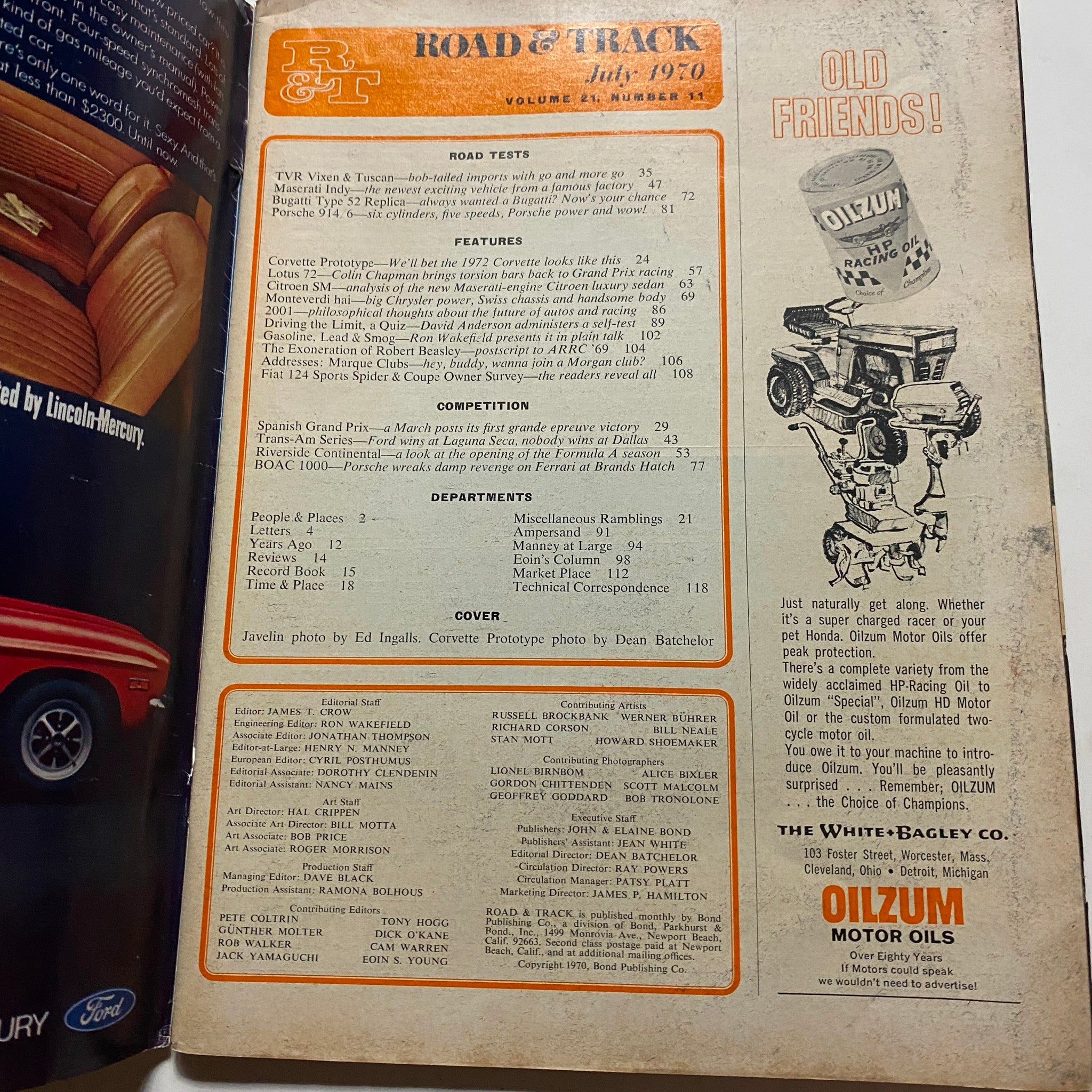 VTG Road & Track Magazine July 1970 Vol 21 No. 11 featuring contents including Corvette Prototype article and various road tests. Image showcases the magazine's interior layout with text and headings.