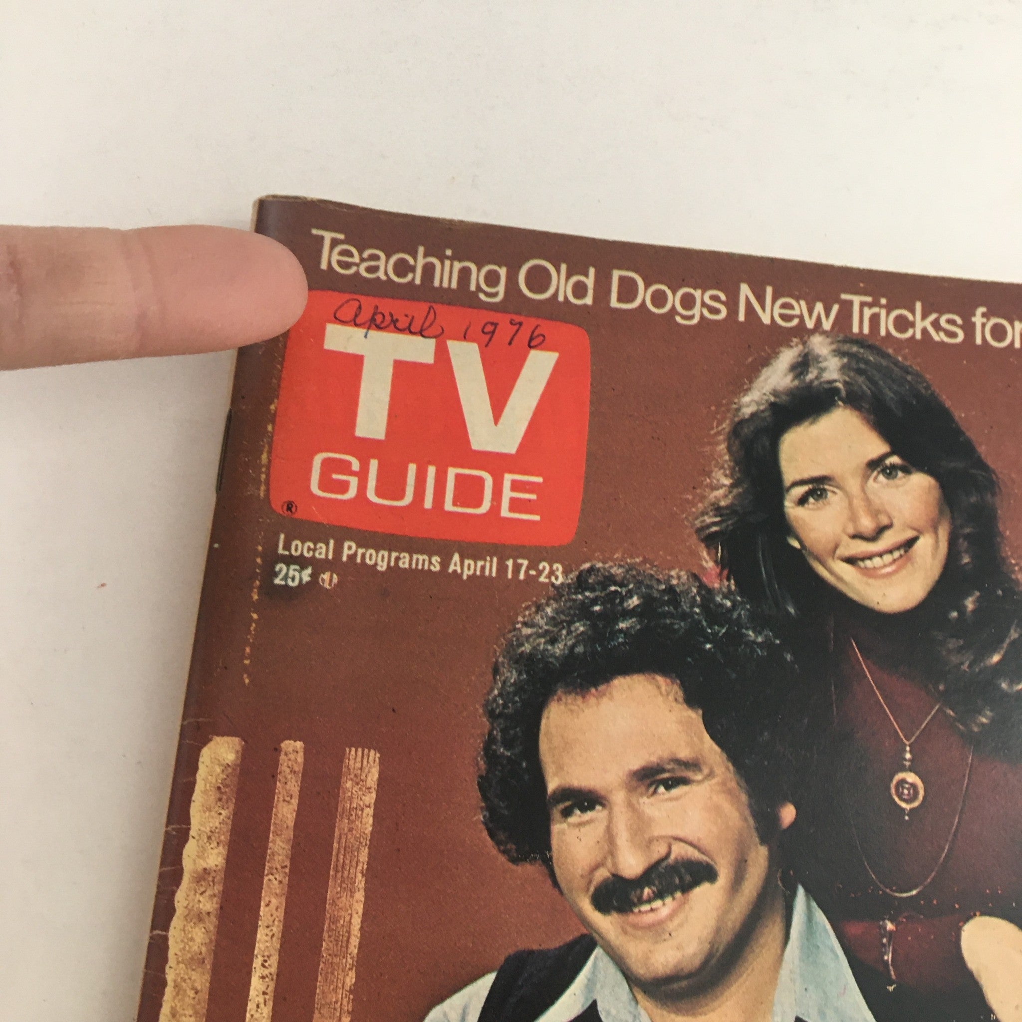Close-up of TV Guide Magazine April 17 1976 with an emphasis on the cover text and illustrations, highlighting Gabriel Kaplan and Marcia Strassman.