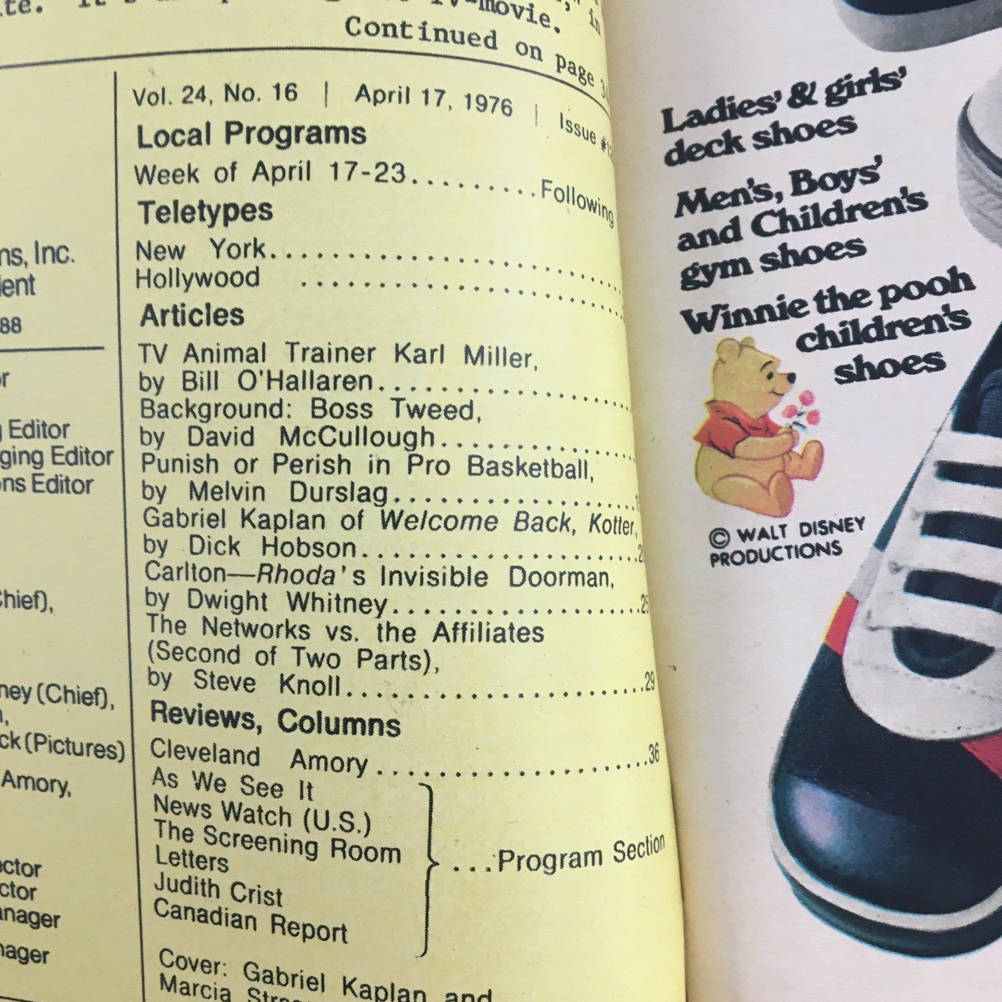 Inside page of TV Guide Magazine April 17 1976 featuring local program listings and articles including Gabriel Kaplan of Welcome Back, Kotter. Nebraska Edition.