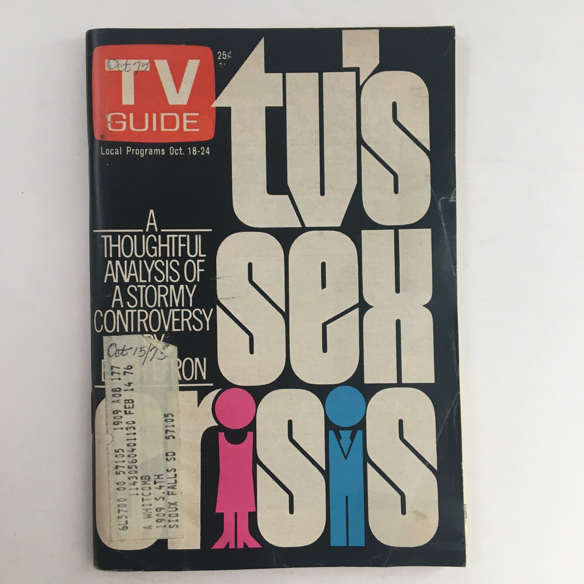 Cover of TV Guide Magazine October 18 1975, featuring the title 'TV's Sex Crisis' discussing a stormy controversy in television representation. Nebraska Edition.