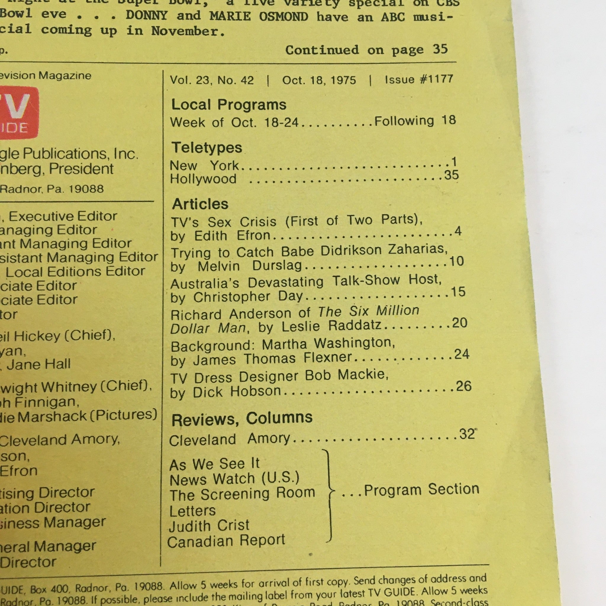 Interior page of TV Guide Magazine October 18 1975 detailing local programs and articles, prominently featuring a piece on 'TV's Sex Crisis'.