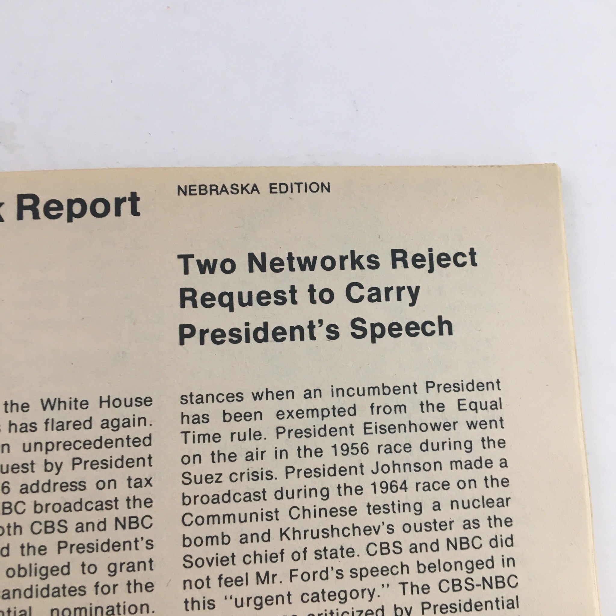 Article excerpt from TV Guide Magazine October 18 1975, titled 'Two Networks Reject Request to Carry President’s Speech,' part of the Nebraska Edition.