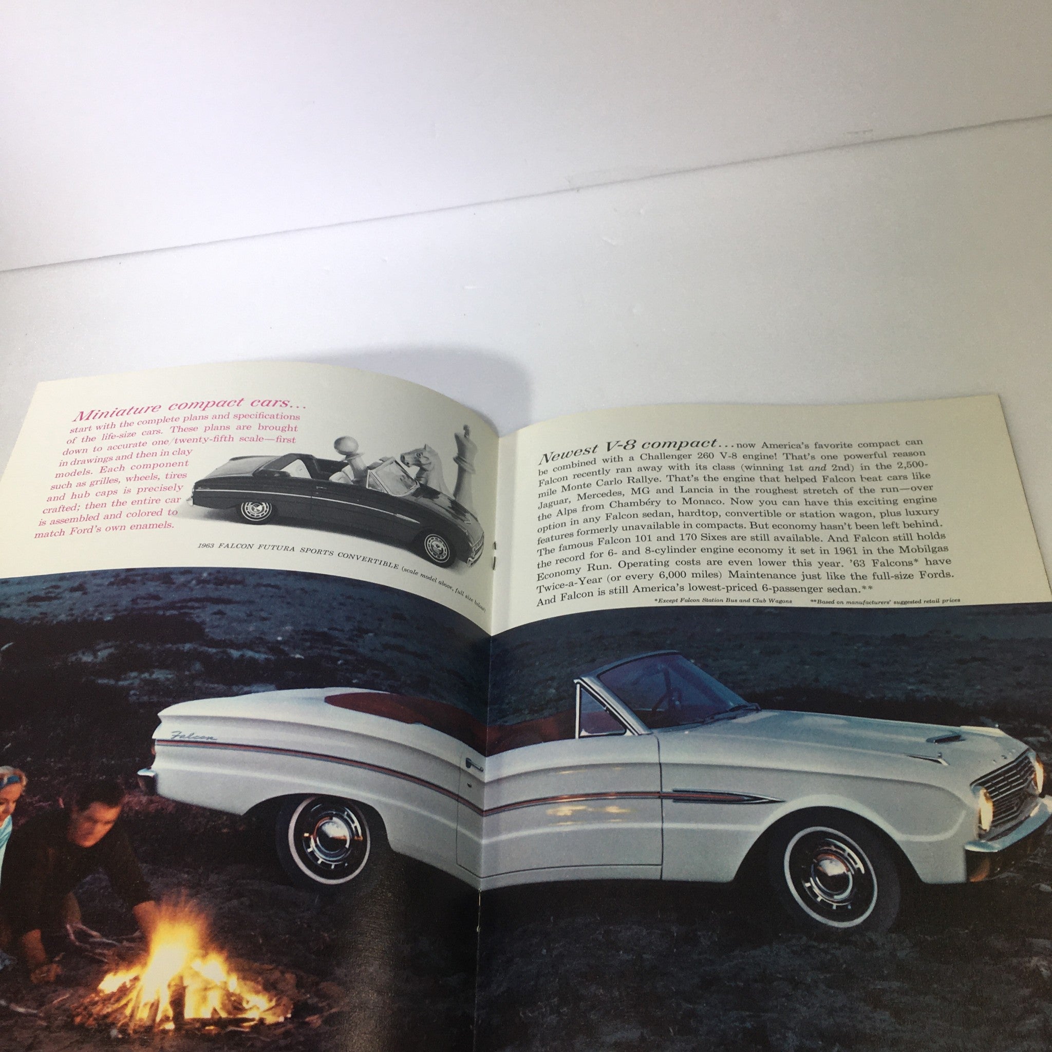 Inside page of the VTG 1963 Ford Falcon Futura Sports Convertible Car Auto Brochure Catalog showcasing the convertible car with figures, emphasizing the compact V8 model.