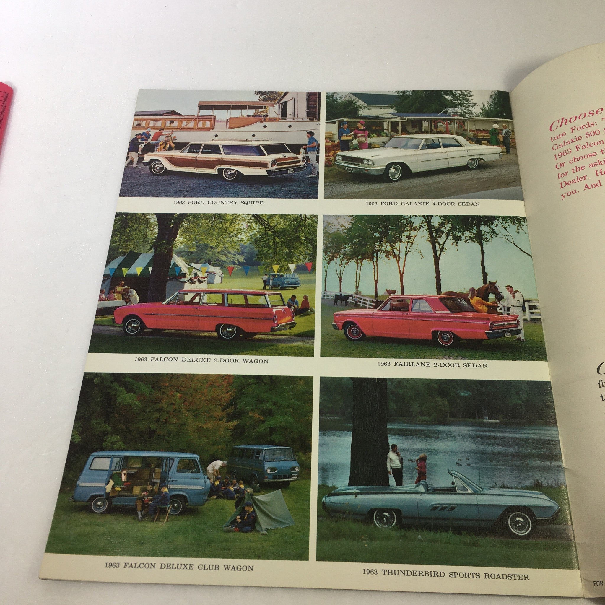 Another inside page of the VTG 1963 Ford Falcon Futura Sports Convertible Car Auto Brochure Catalog displaying various Ford models from 1963, including the Falcon Deluxe 2000 Wagon.