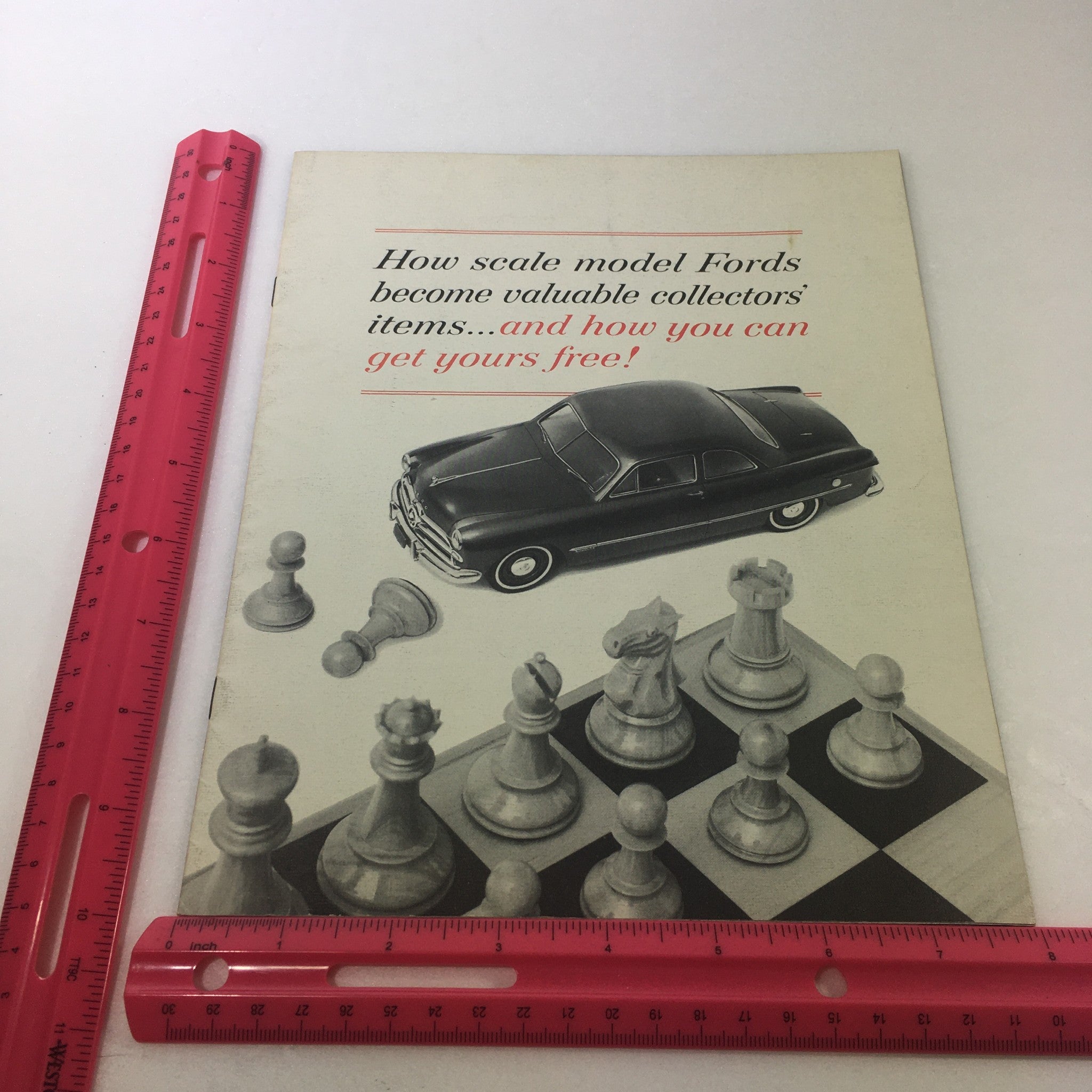 VTG 1963 Ford Falcon Futura Sports Convertible Car Auto Brochure Catalog illustrating a scale model of a Ford alongside chess pieces, highlighting collectible items of significance.