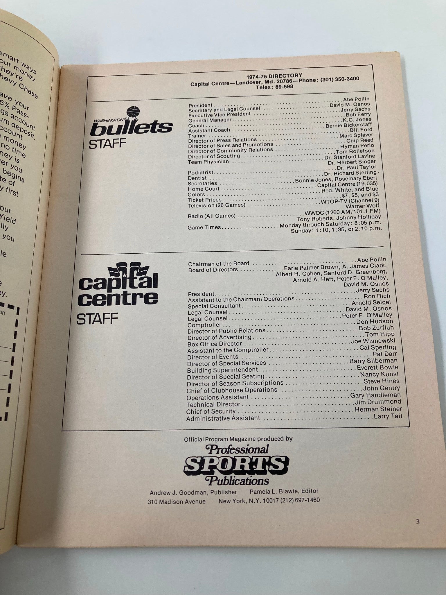 Interior page of VTG Hoop NBA Magazine 1974-1975 Directory showing staff and organizational structure of the Washington Bullets and Capital Centre. This page provides a snapshot of basketball history during the 1974-75 NBA season.