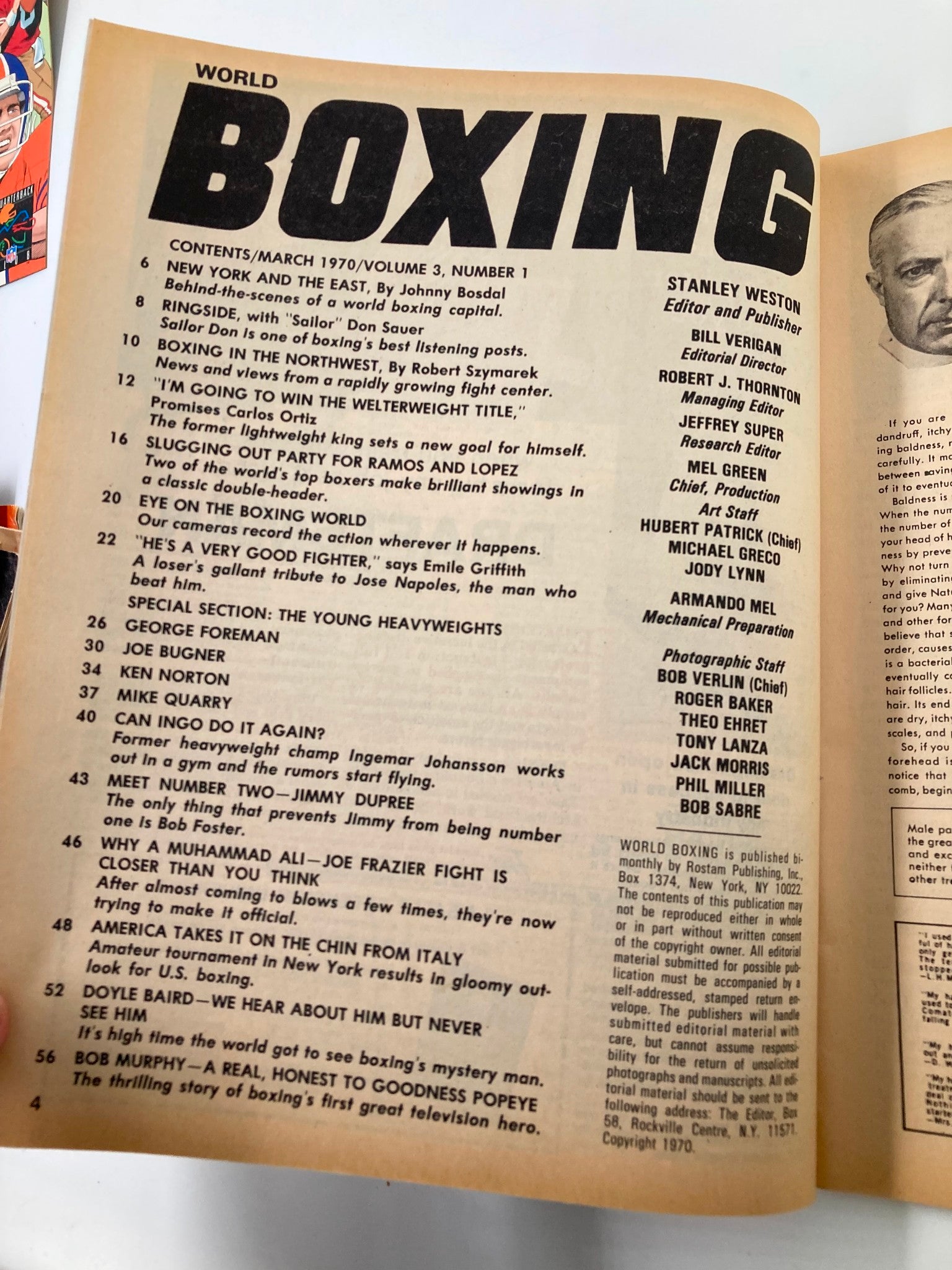 Contents page of Vintage World Boxing Magazine March 1970, showcasing articles related to boxing, with titles like 'Why a Muhammad Ali-Joe Frazier Fight is Closer Than You Think' and featuring notable boxers.