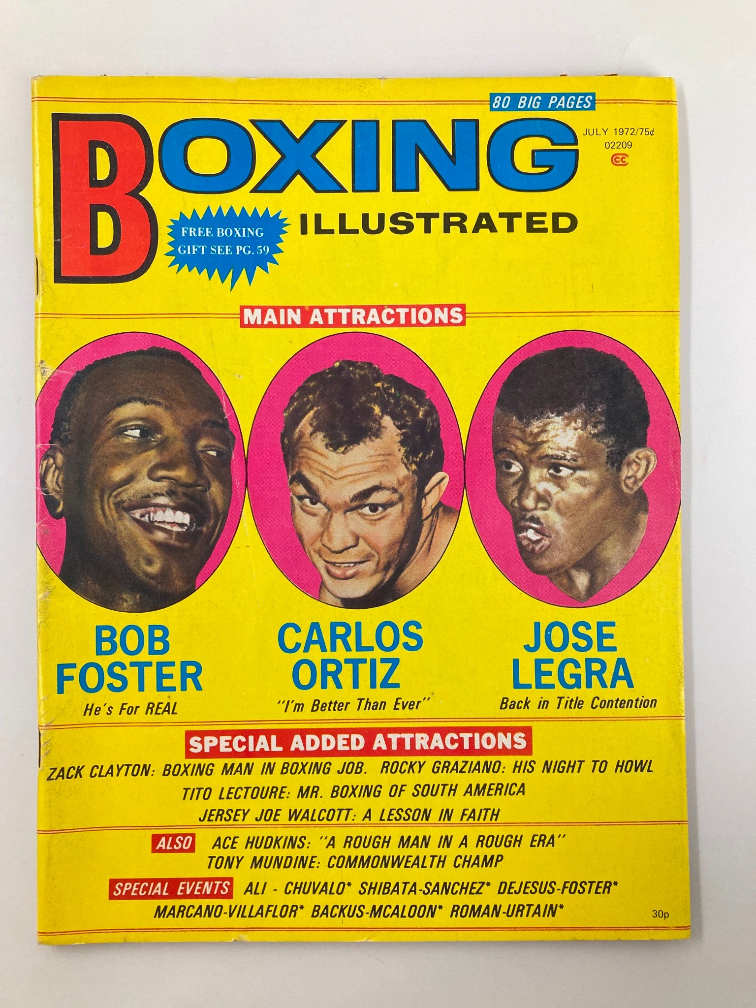 VTG Boxing Illustrated Magazine July 1972 featuring Bob Foster, Carlos Ortiz, and Jose Legra on the cover, highlighting main attractions and special added attractions in vibrant colors.